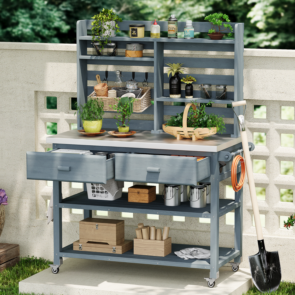 variant-group:rf-n707p228274g|Roomfitters 64.9" Outdoor Potting Bench Table, Rolling Kitchen Island with Hutch, Stainless Steel Top, Storage, Grey Blue