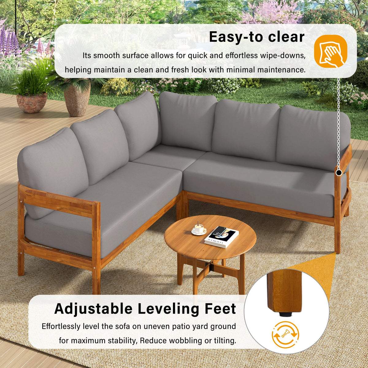 Roomfitters Modern Contemporary Slate Grey Solid Acacia Wood L-Shaped Outdoor Patio Sectional Sofa Conversation Seating Set Roomfitters