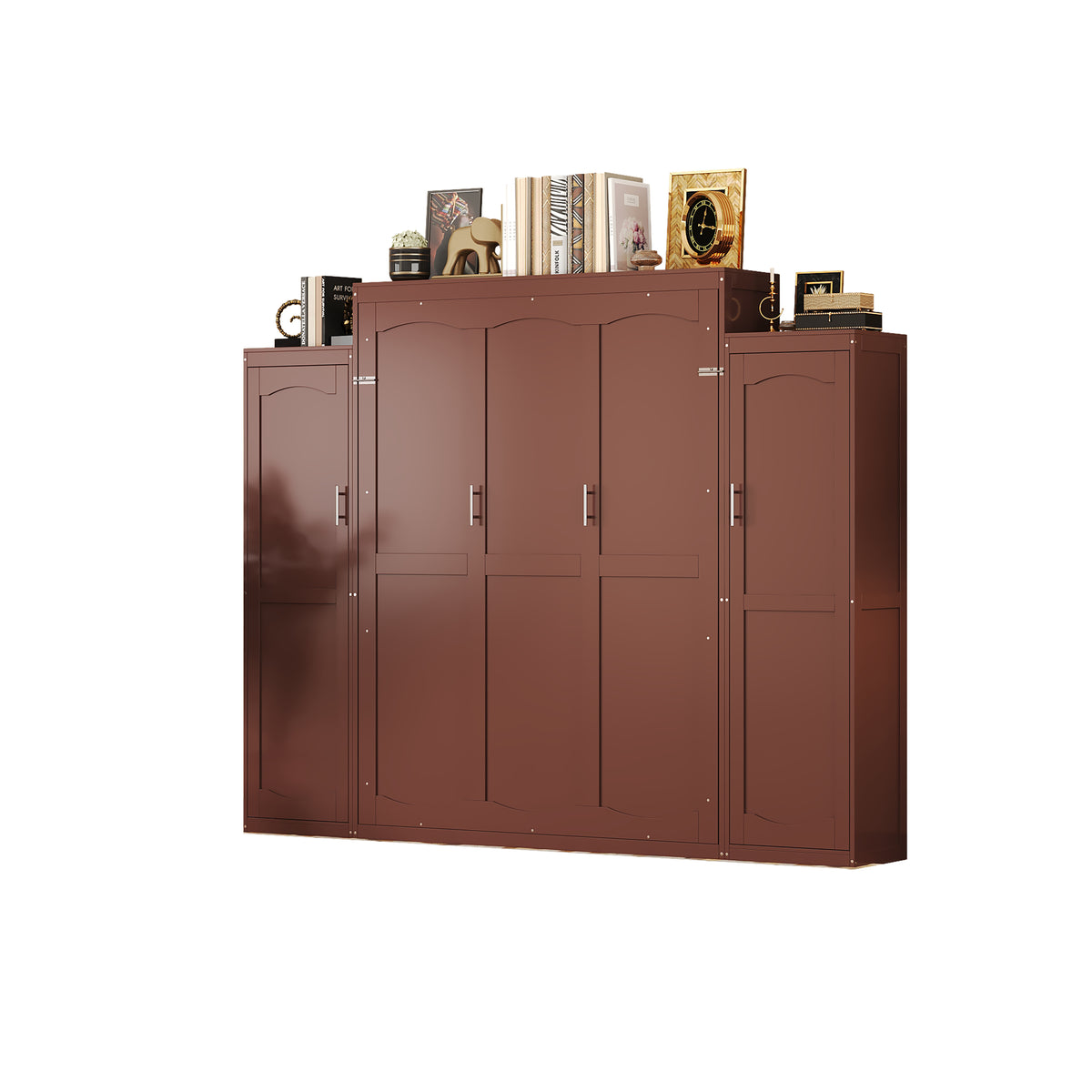 variant-group:rf-n733s235627d|Roomfitters Queen Murphy Wall Bed with Two Wardrobes and Storage Shelf, Foldable Platform Bed Frame for Guest Room, Walnut