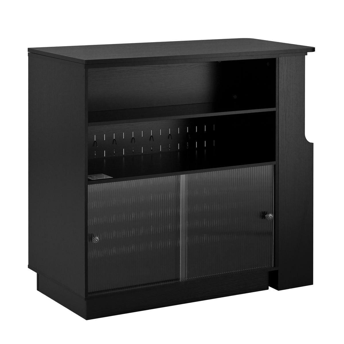variant-group:rf-n711p437809b|Roomfitters Black MDF Counter Height Kitchen Island Sideboard Cabinet, Extendable Table, Acrylic Sliding Doors