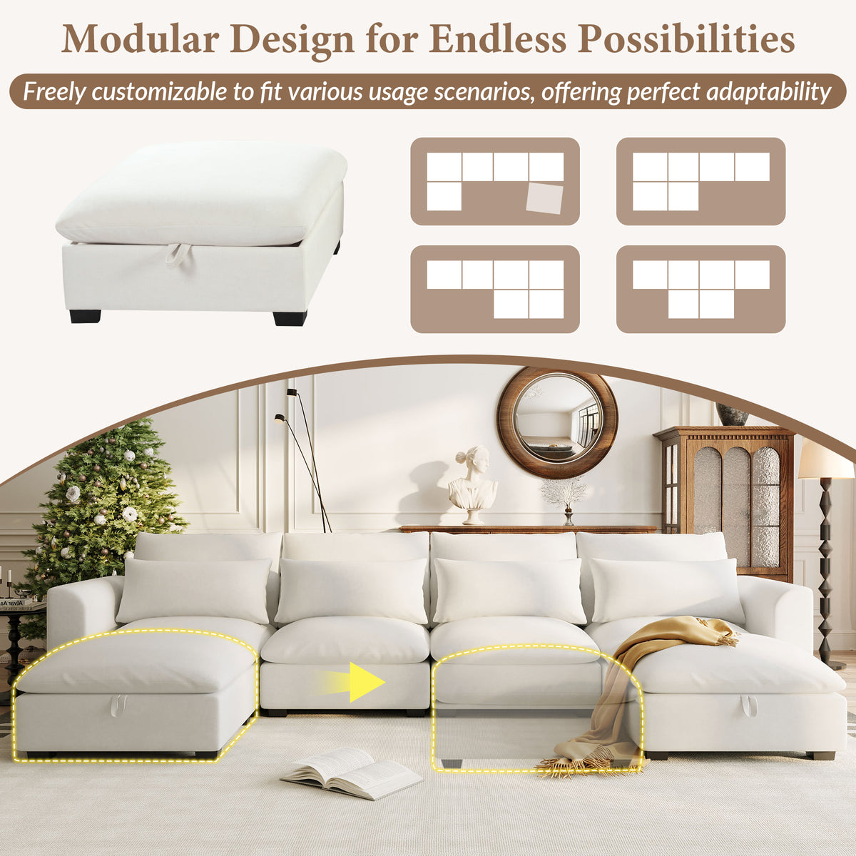 variant-group:rf-n711wy000491aaa|Roomfitters 131.3-Inch Modern U-Shaped Sectional Sofa, 6-Seater Linen Blend Couch, 2 Storage Ottomans, Pit Lounge, Beige