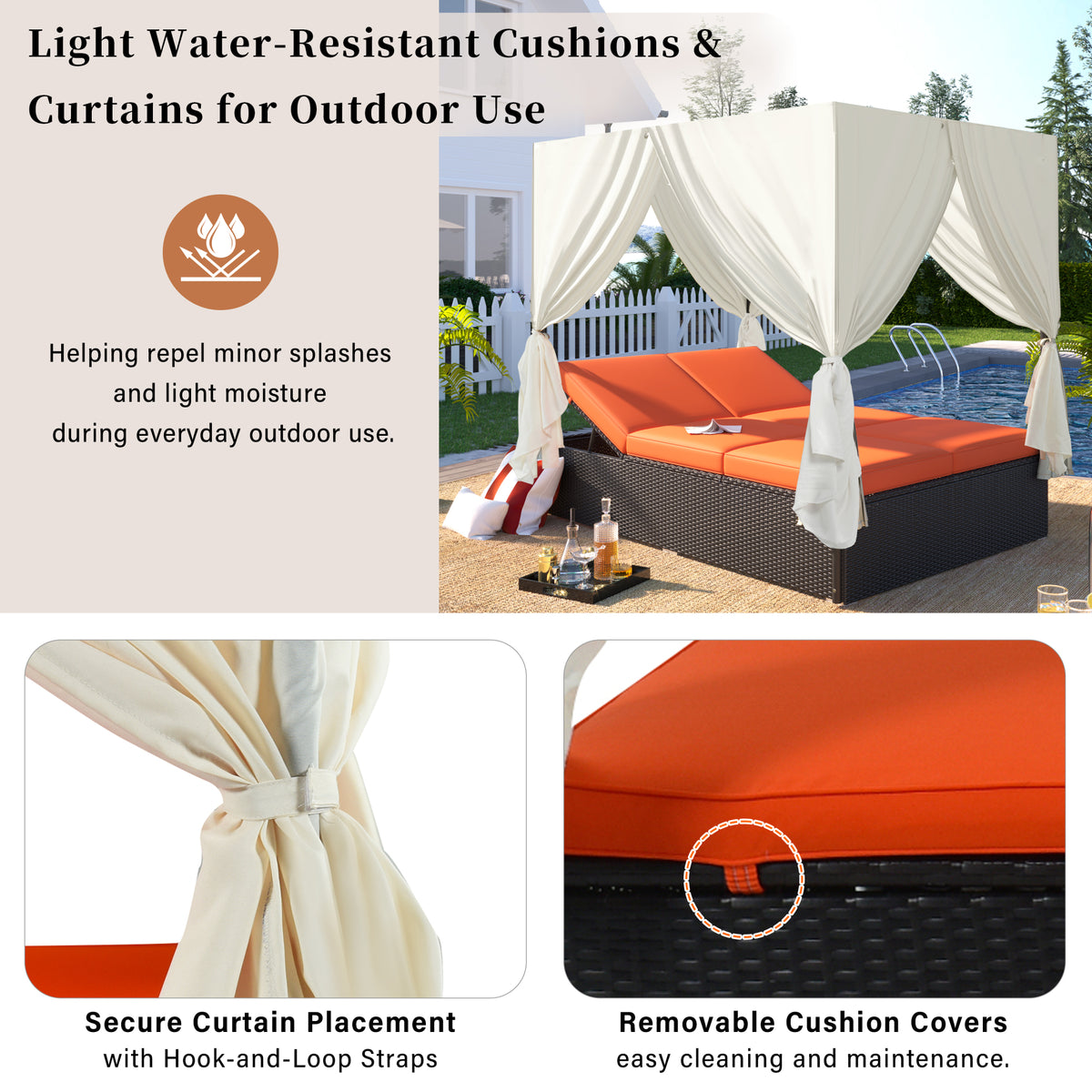 variant-group:rf-n711wy000476aao|Roomfitters Luxury Cabana Vibrant Orange Outdoor Double Chaise Lounge Patio Daybed, Curtains, Adjustable Reclining