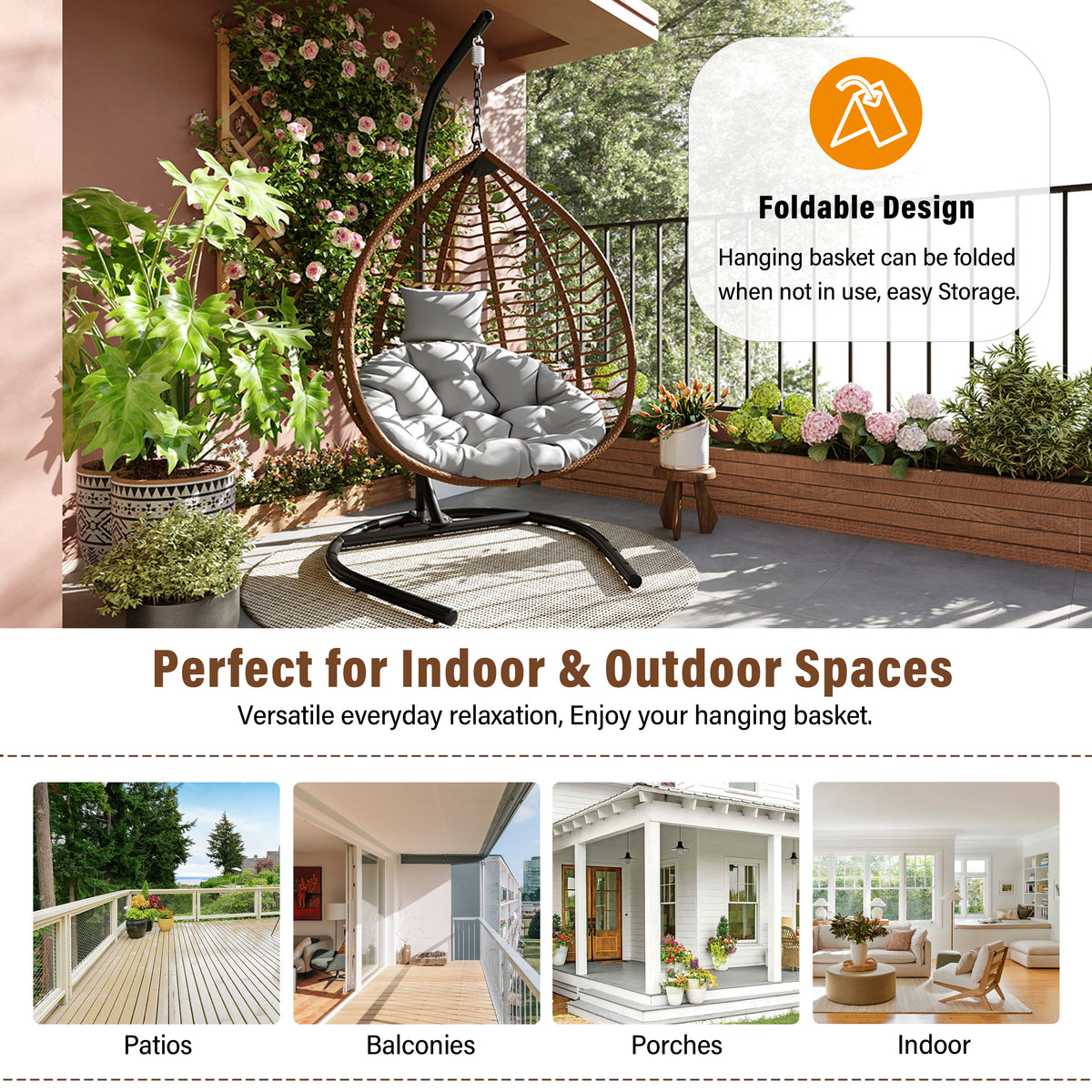 variant-group:rf-n711p389502g|Roomfitters Indoor Outdoor Hanging Egg Hammock Chair with Stand, Wicker Rattan Swing for Patio and Bedroom, Brown+Gray