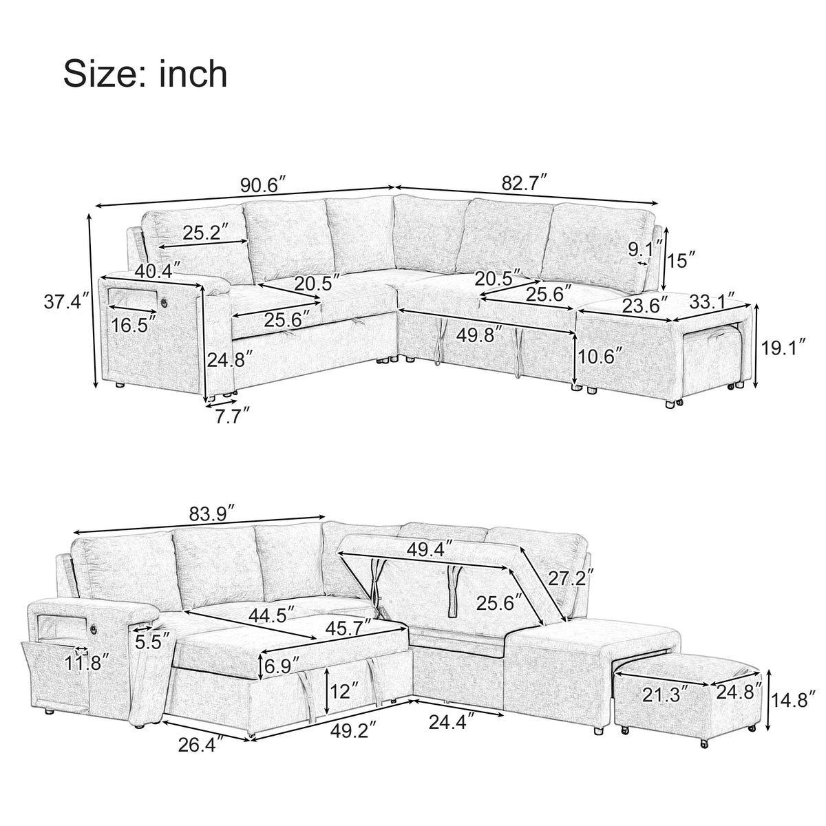 variant-group:rf-n711wy000390aae|Roomfitters L-Shaped Padded Modular Sofa with Storage Space, USB Ports, and Cup Holders on the Armrests, Suitable for Living Rooms, Offices, and Apartments, Gray