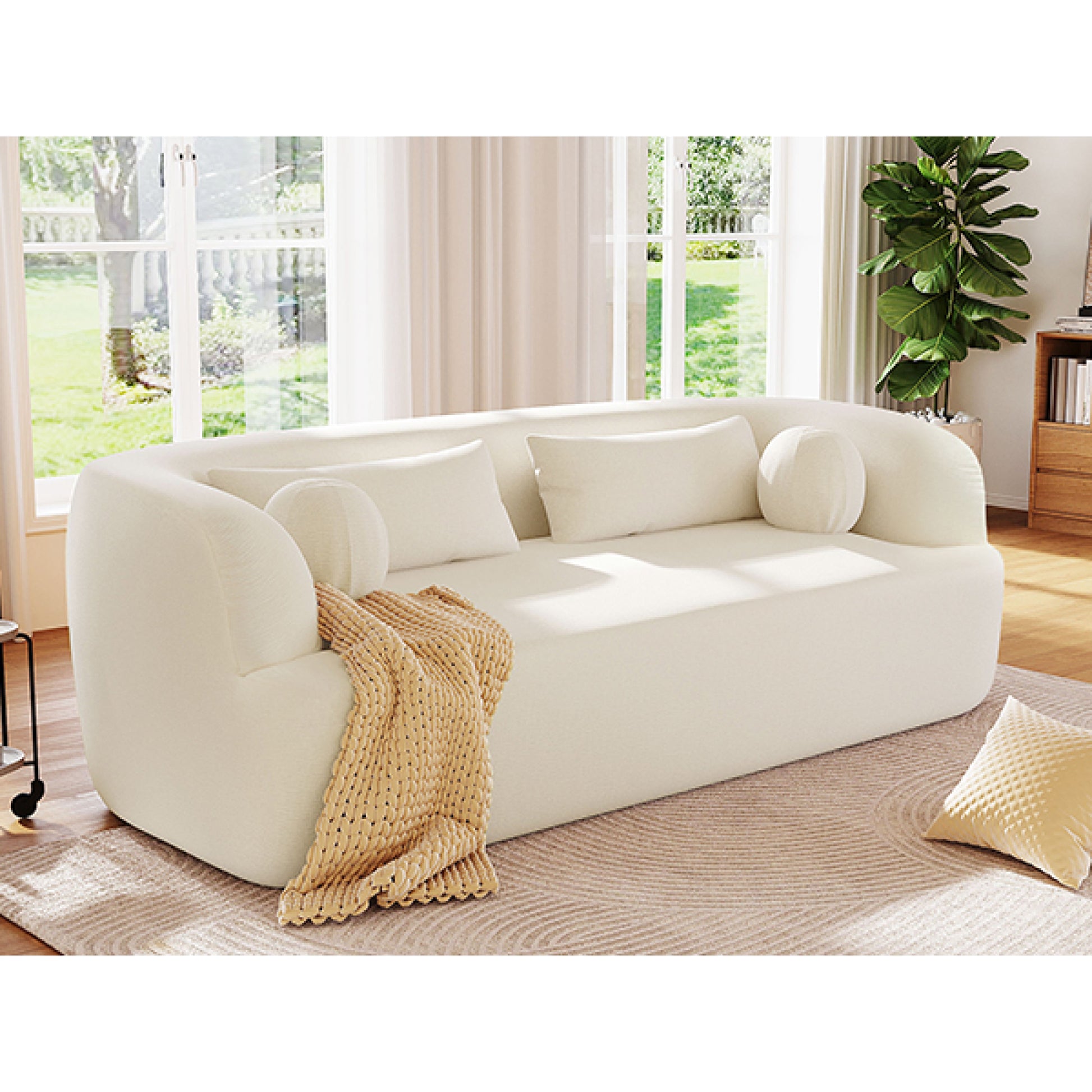 variant-group:rf-n723p404465a|Roomfitters 86 Inch Modern Curvy Sofa, 3-Seater Rounded Upholstered Couch with Plush Throw Pillows for Living Room, Beige