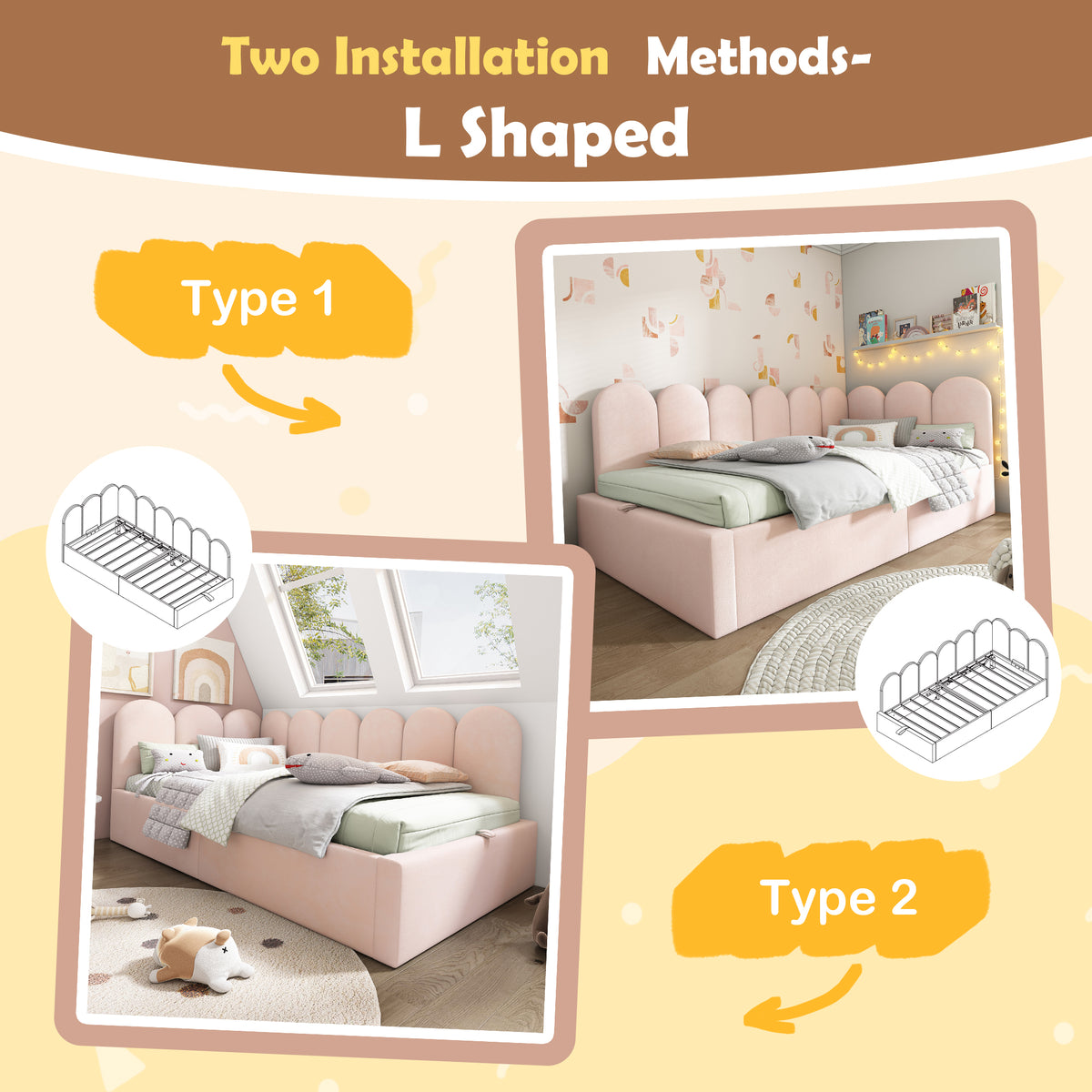 variant-group:rf-n736p333613p|Roomfitters Upholstered Twin Size Ottoman Daybed with Storage, Sofa Bed with Metal Slat Frame, Velvet Pink