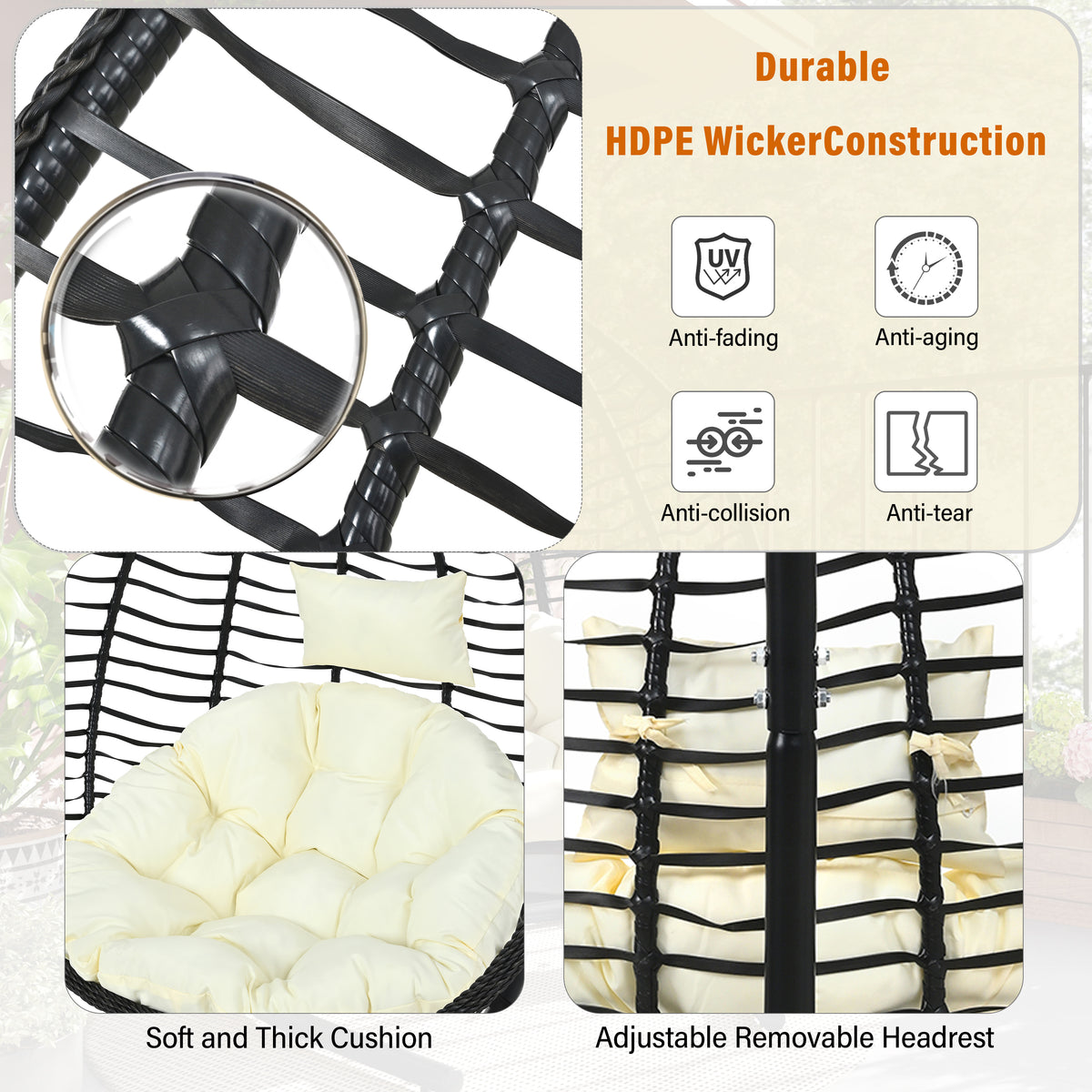 variant-group:rf-n711p389502a|Roomfitters Indoor Outdoor Hanging Egg Hammock Chair with Stand, Wicker Rattan Swing for Patio and Bedroom, Black+Beige