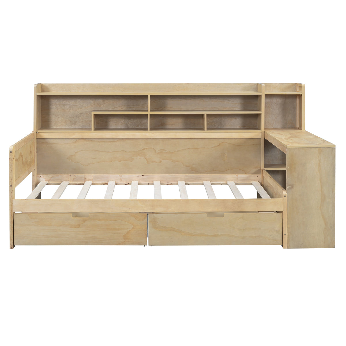 variant-group:rf-n733s241484m|Roomfitters Wooden Twin Size Daybed with Storage Shelves, Multi-functional Bed with Two Storage Compartments and Study Desk, Natural