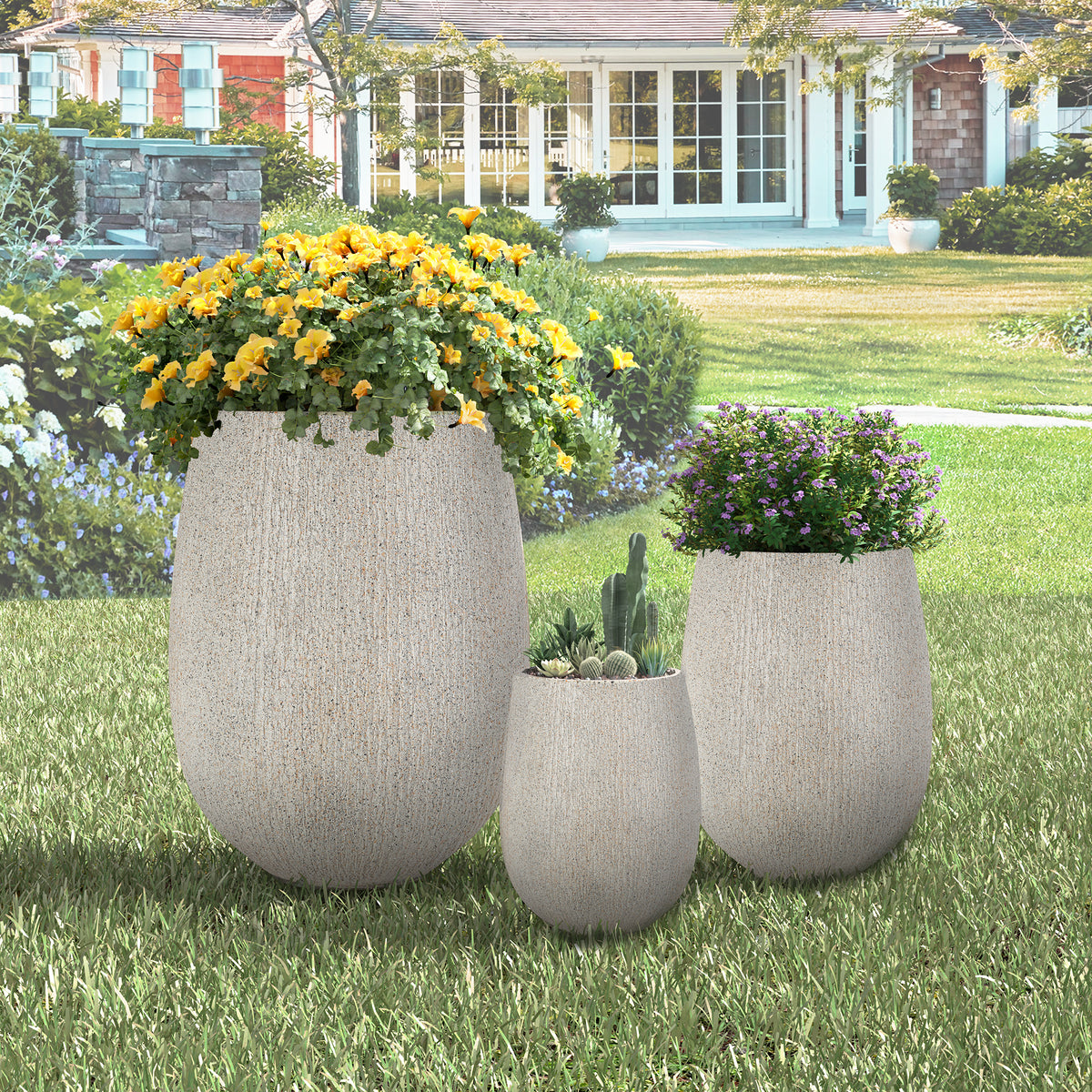 variant-group:rf-n711p406659e|Roomfitters Modern Egg-Shaped MGO Planter Set, 3-Piece Textured Faux Stone Flower Pots, Grey Patio Garden Urns