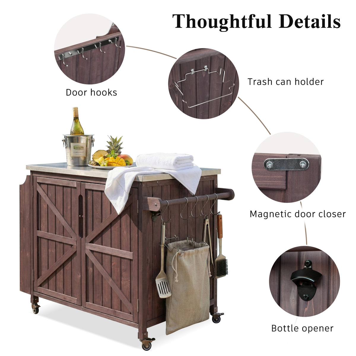 variant-group:rf-n707p370287z|Roomfitters 42.1" Grill Cart, Outdoor Kitchen Island with Stainless Steel Top, BBQ Prep Station with Spice Rack, Dark Brown