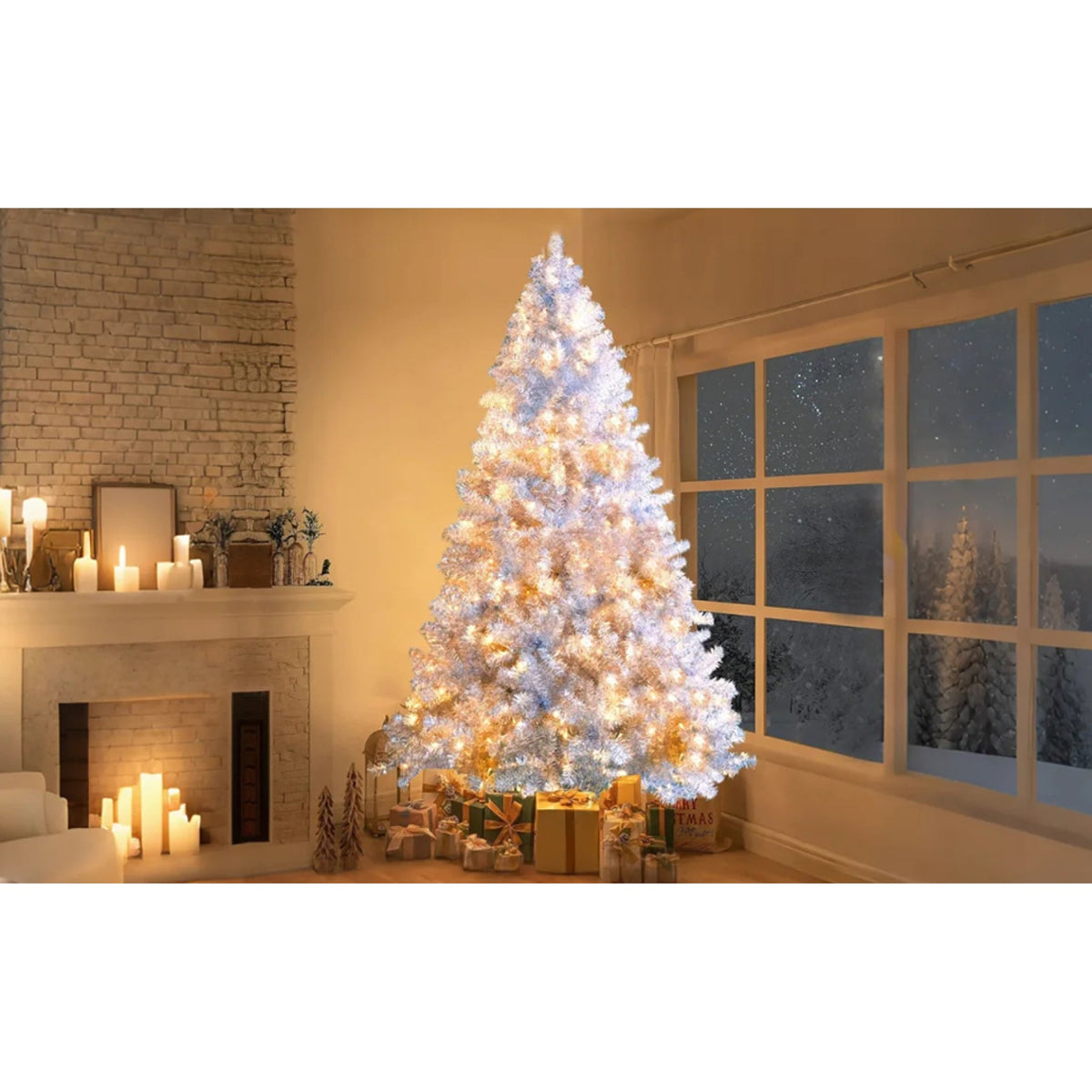Roomfitters Pre-Lit Artificial Christmas Tree 7.4FT, Full Hinged Holiday Tree with Metal Stand, Warm Lights, 1200 Tips, Silver Roomfitters