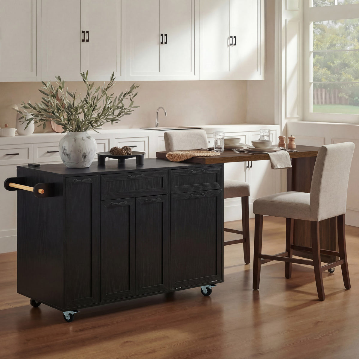 variant-group:rf-n707s000026b|Roomfitters 102.3" Kitchen Island with Tilt Out Trash Can Cabinet, Rolling Storage Cart, Slide-out Spice Rack, Black