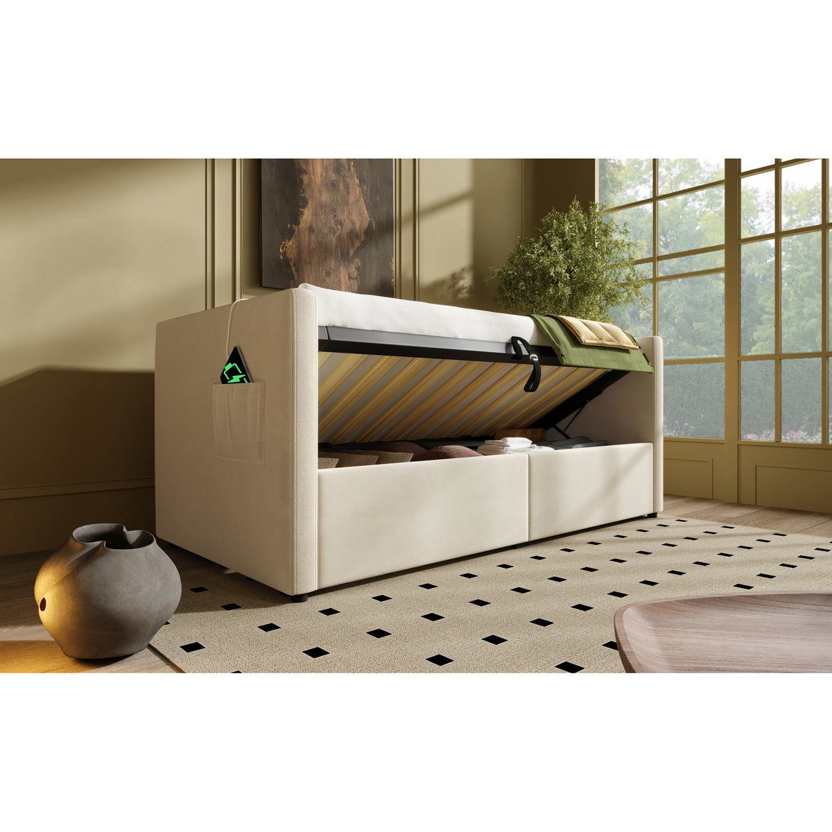 variant-group:rf-n736p303402b|Roomfitters Upholstered Twin Size Daybed with Storage, USB & Type-C Charging, Tufted Sofa Back, Velvet Beige