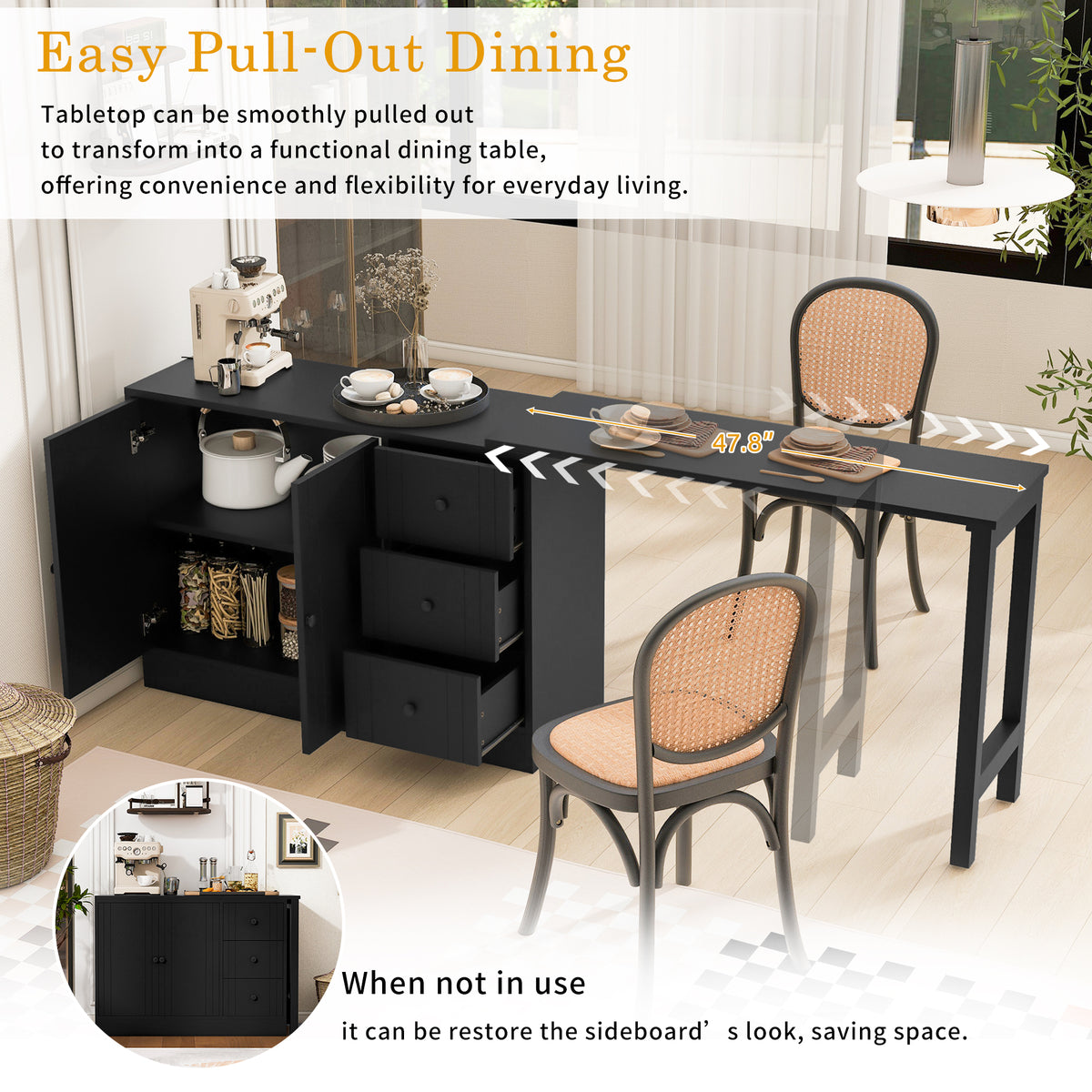 variant-group:rf-n711p334768b|Roomfitters Extendable Sideboard Buffet Cabinet with Storage, Multifunctional Console Table for Dining Room, Black