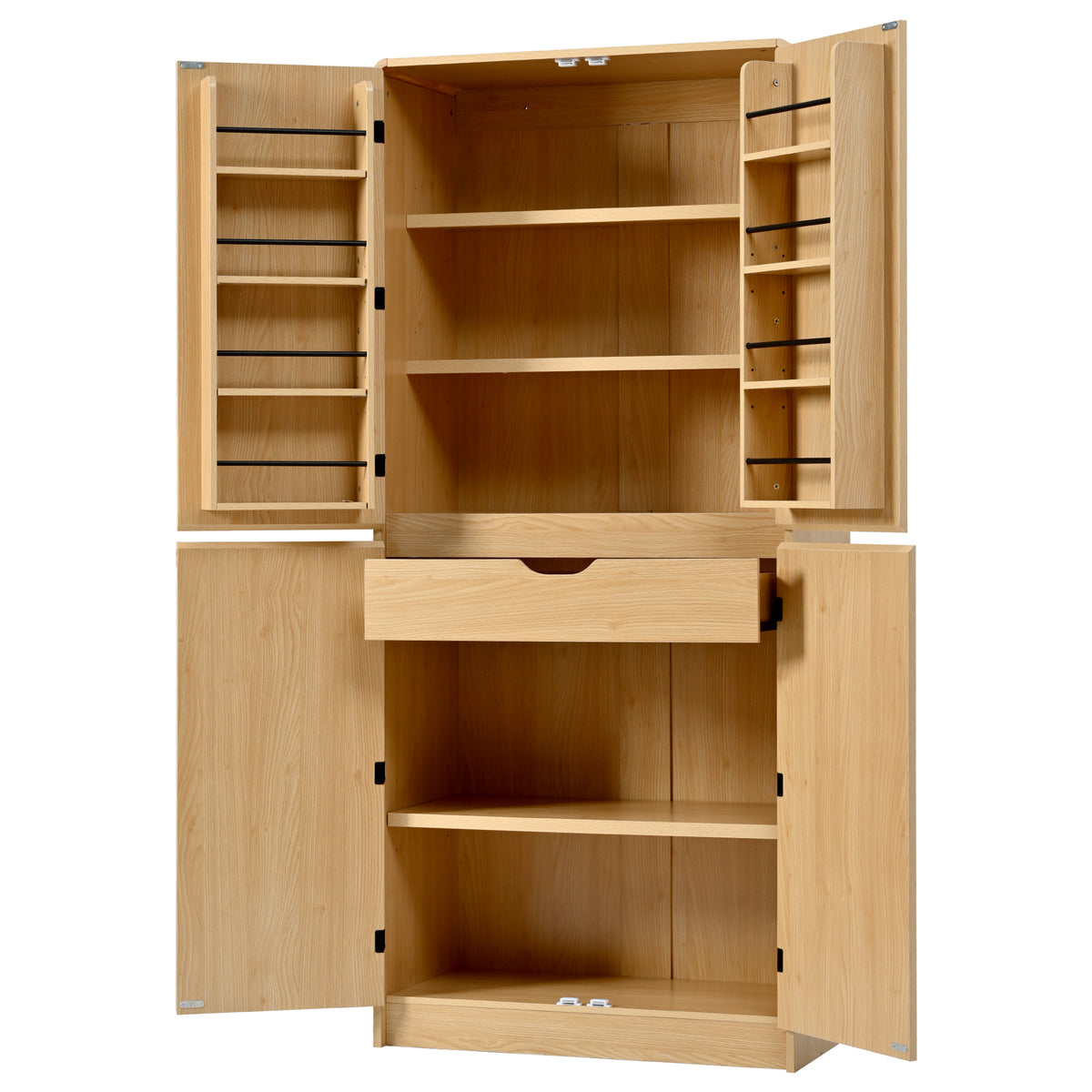 variant-group:rf-n707s000021y|Roomfitters 72" Tall Farmhouse Kitchen Pantry Cabinet with Curved Profile & 8 Door Shelves, Natural Oak
