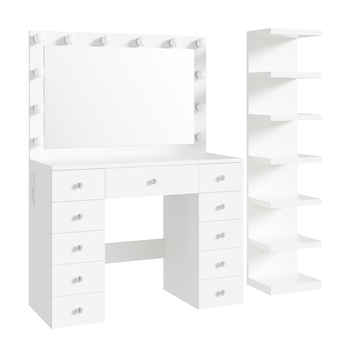 Roomfitters White Makeup Vanity Desk with 11 Hollywood LED Bulbs 7-Tier Side Storage Display Shelves and 11 Drawers Roomfitters