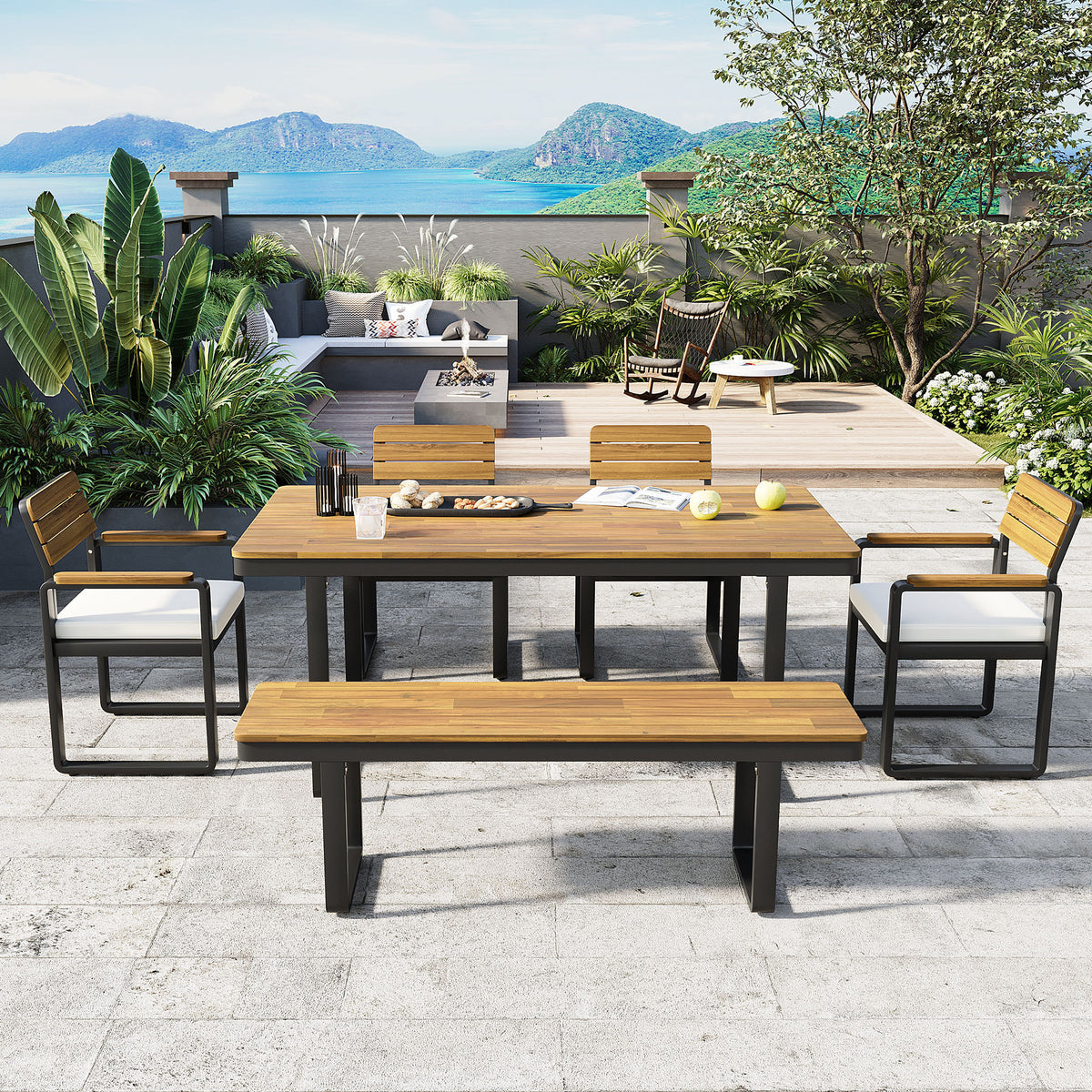 variant-group:rf-n704g201255a|Roomfitters 6-Piece Solid Acacia Wood Patio Dining Set with Steel Frames and Cushion Chairs Beige