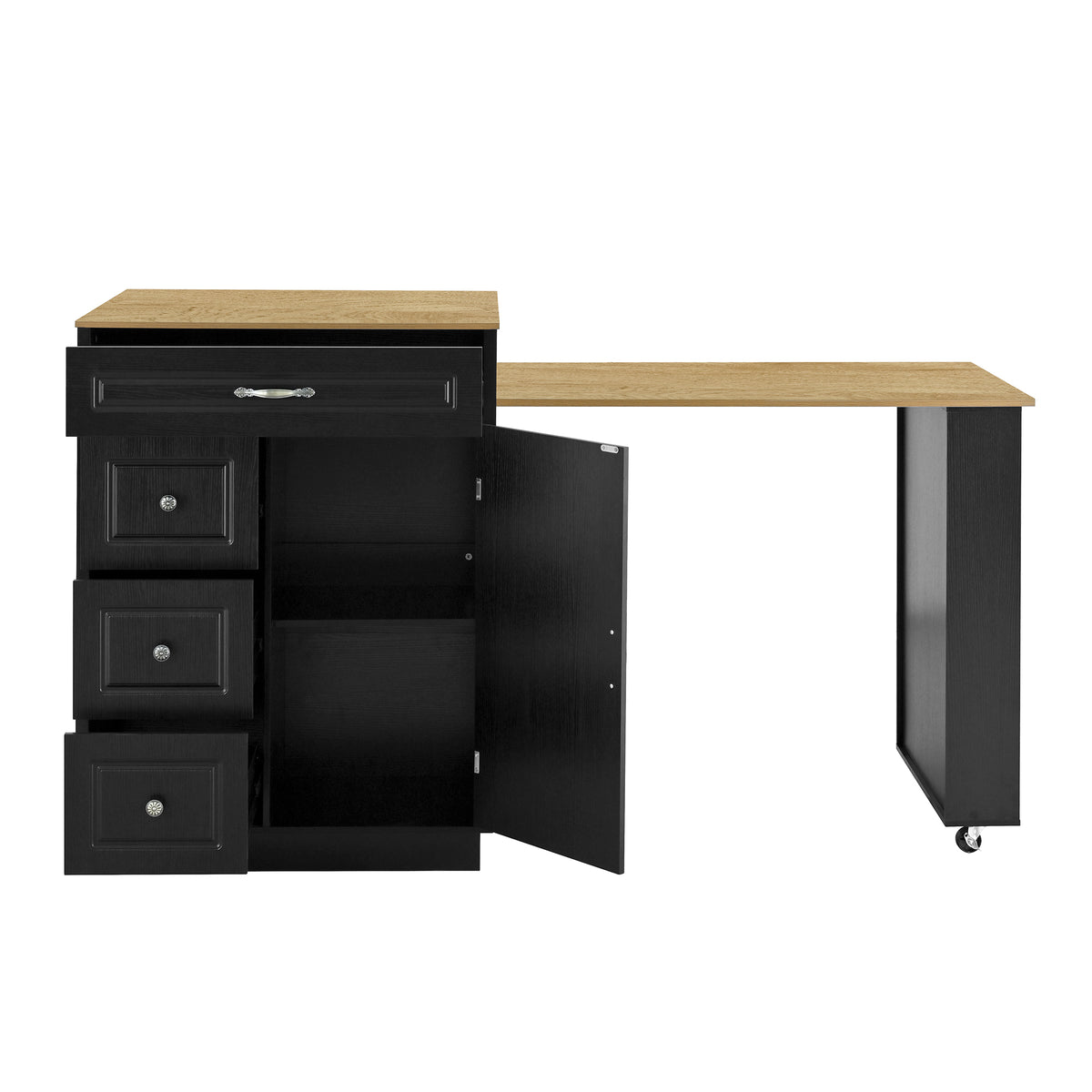 variant-group:rf-n711wy000493aab|Roomfitters Black and Natural Wood MDF Extendable Bar Cabinet, Rolling Kitchen Island Table, Wine Rack Storage