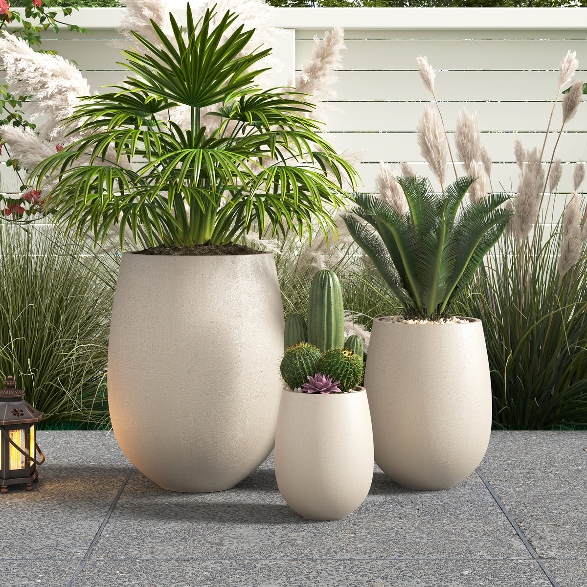 variant-group:rf-n711p406658e|Roomfitters Lightweight Round MGO Planter Set, 3-Piece Graduated Outdoor Flower Pots, Light Beige Weather-Resistant