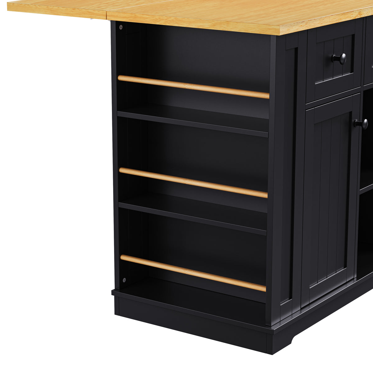 variant-group:rf-n707s003007b|Roomfitters 53" Kitchen Island with 2 Bar Stools, Drop Leaf, Power Outlet, Rolling Kitchen Cart Set with Storage, Black