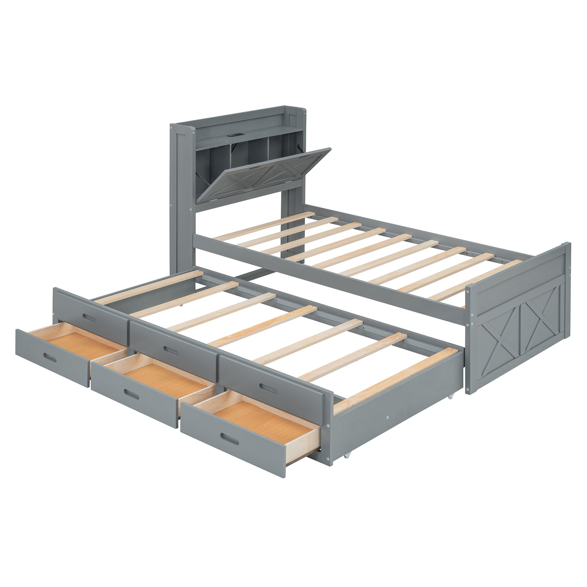 variant-group:rf-n733s172839e|Roomfitters Twin Size Wooden Bed with Storage Headboard, Convenient Outlets, Extendable Frame with Twin Trundle and Ample Storage, Gray