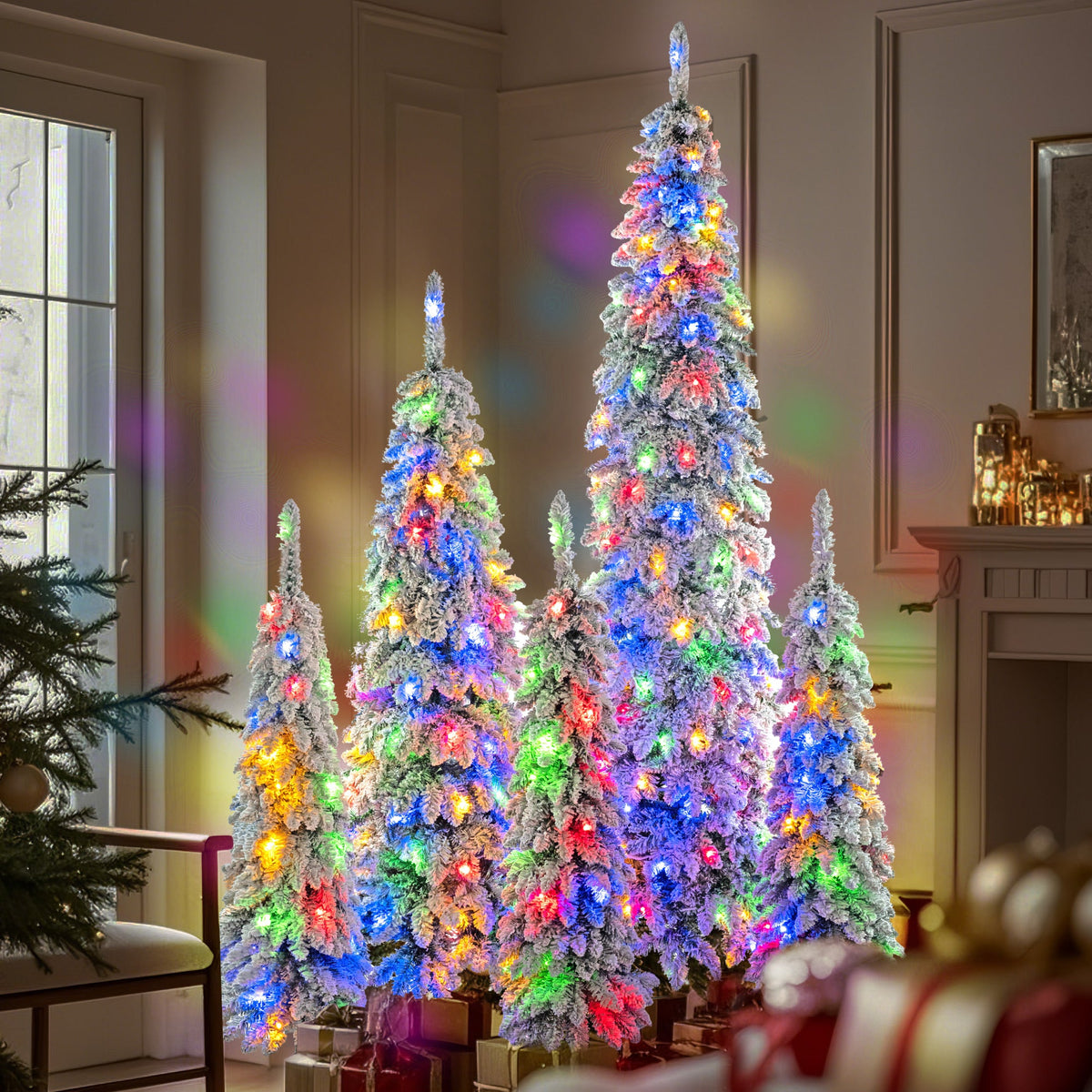 Roomfitters Pre-Lit Pencil Christmas Tree Set 8FT 6FT 4FT, 5-Pack Slim Snow-Flocked Artificial Trees with 1820 Tips, White Roomfitters