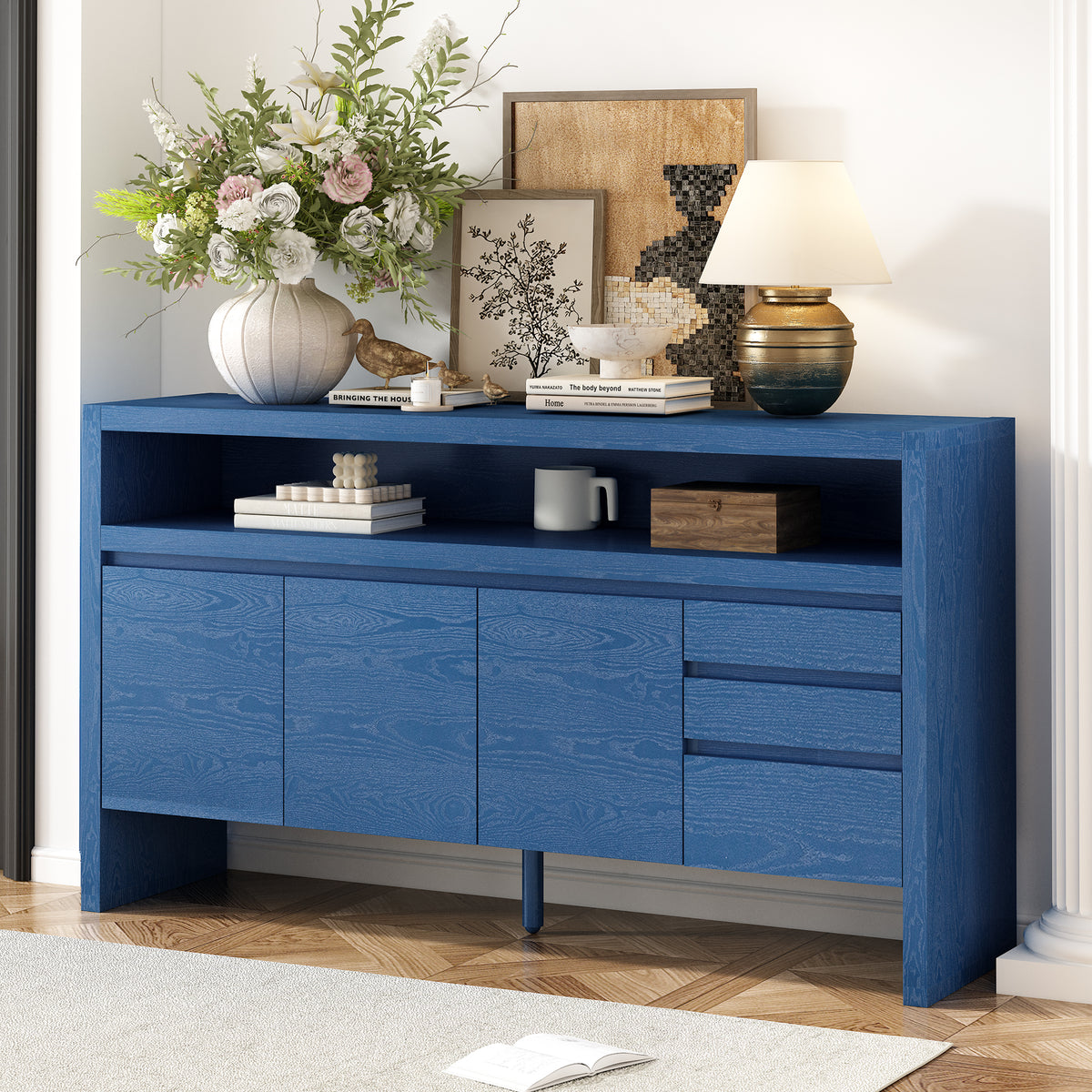 variant-group:rf-n711p289141v|Roomfitters 60" Modern Solid Wood Veneer Sideboard with 3 Doors & 3 Drawers, Open Shelf & Cable Cutout, Large Storage Cabinet for Dining, Hallway, Living Room, Navy Blue