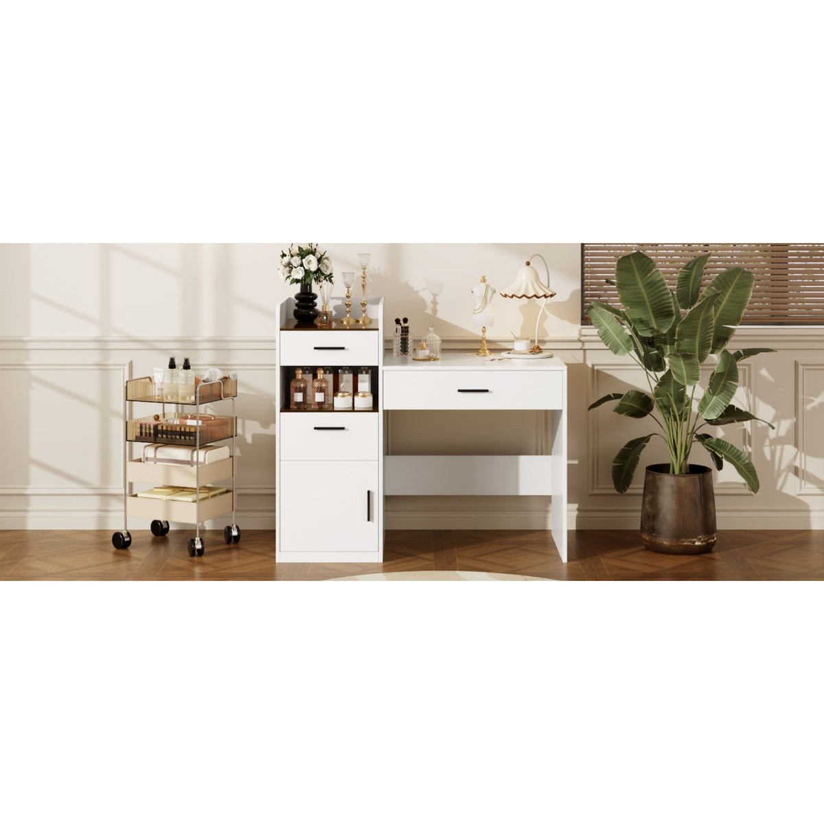 Roomfitters 3-in-1 Compact Space-Saving Vanity Desk with Flip Top Mirror and Amber Tempered Glass Top White Roomfitters