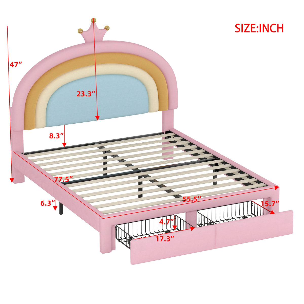 variant-group:rf-n733p234609h|Roomfitters Full Size Upholstered Rainbow Design Bed, Velvet Princess Platform Bed with Storage Drawer, No Box-spring Needed, Colorful & Pink
