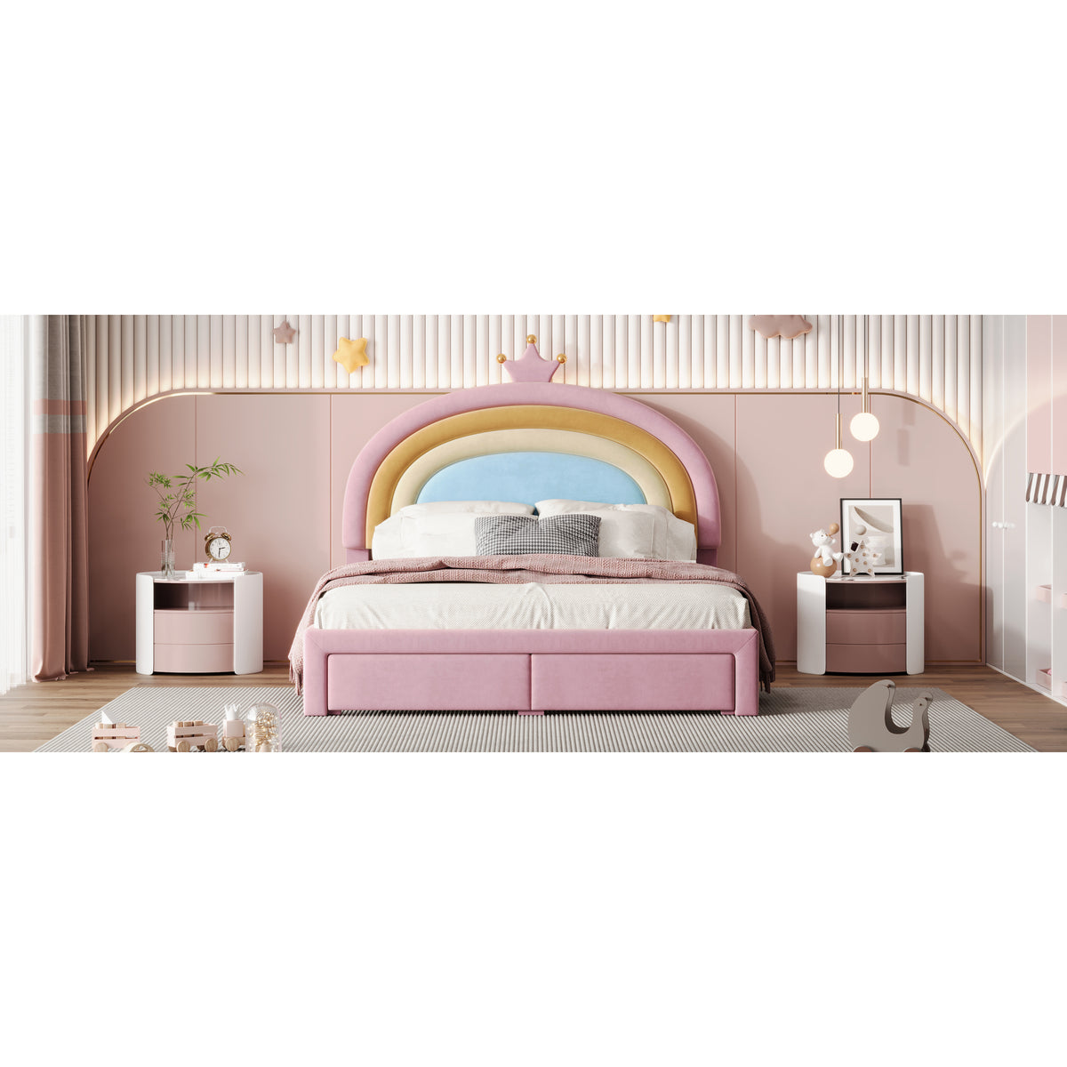 variant-group:rf-n733p234609h|Roomfitters Full Size Upholstered Rainbow Design Bed, Velvet Princess Platform Bed with Storage Drawer, No Box-spring Needed, Colorful & Pink