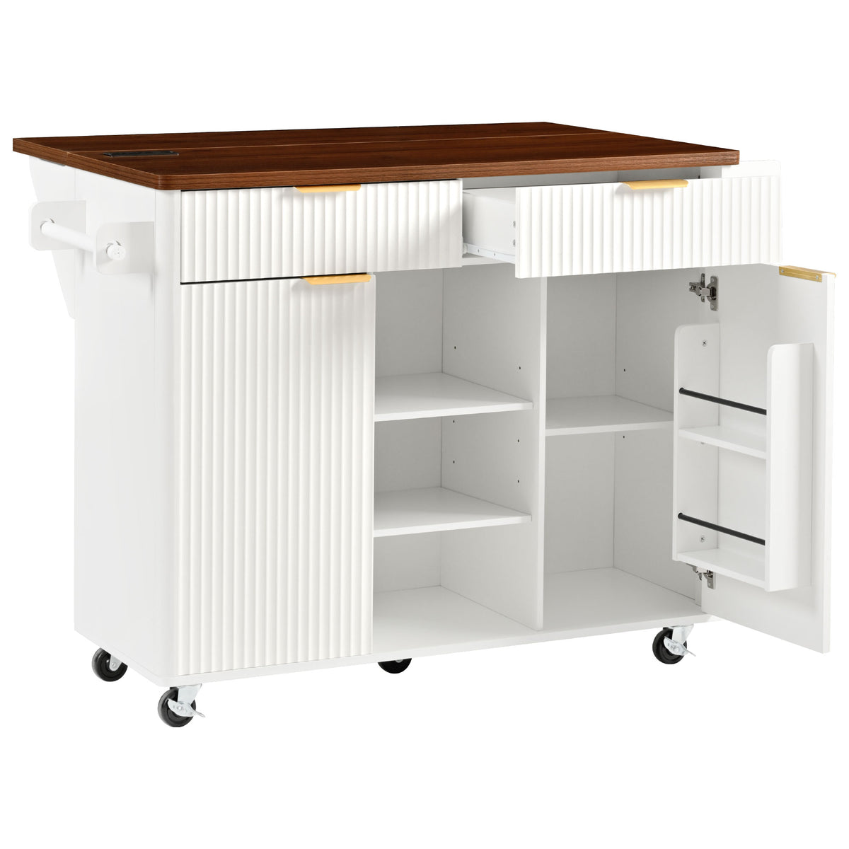 variant-group:rf-n707s000019w|Roomfitters 52" Fluted Kitchen Island with Drop Leaf, Power Outlet & Walnut Wood-Grain Top, White