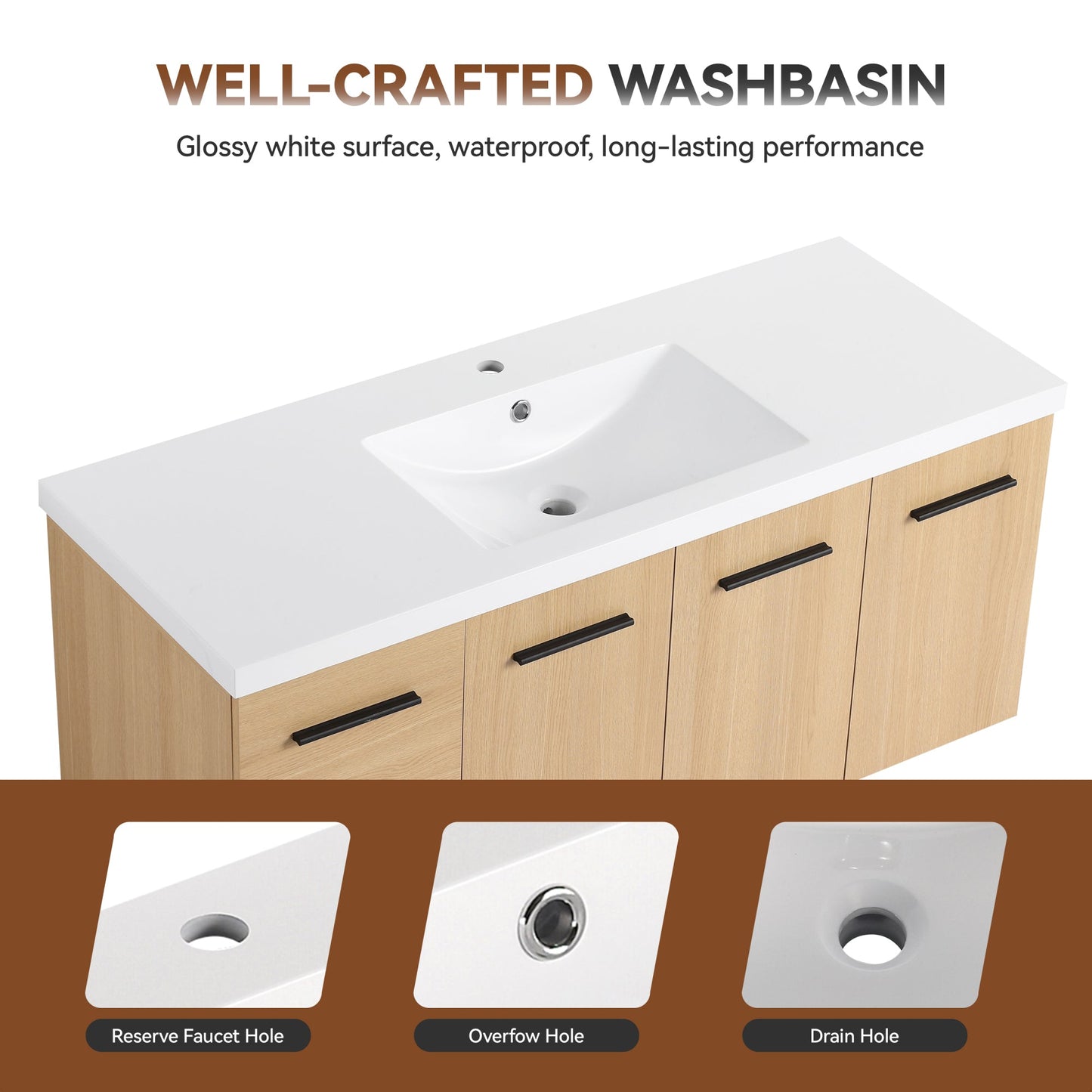 48" Light Oak Floating Bathroom Vanity with Sink, Modular 3-Piece Cabinet (2-Door + 1-Door + 2-Drawer), Gel-Coat Integrated Sink Top, Wall-Mounted, 4 Packages Roomfitters