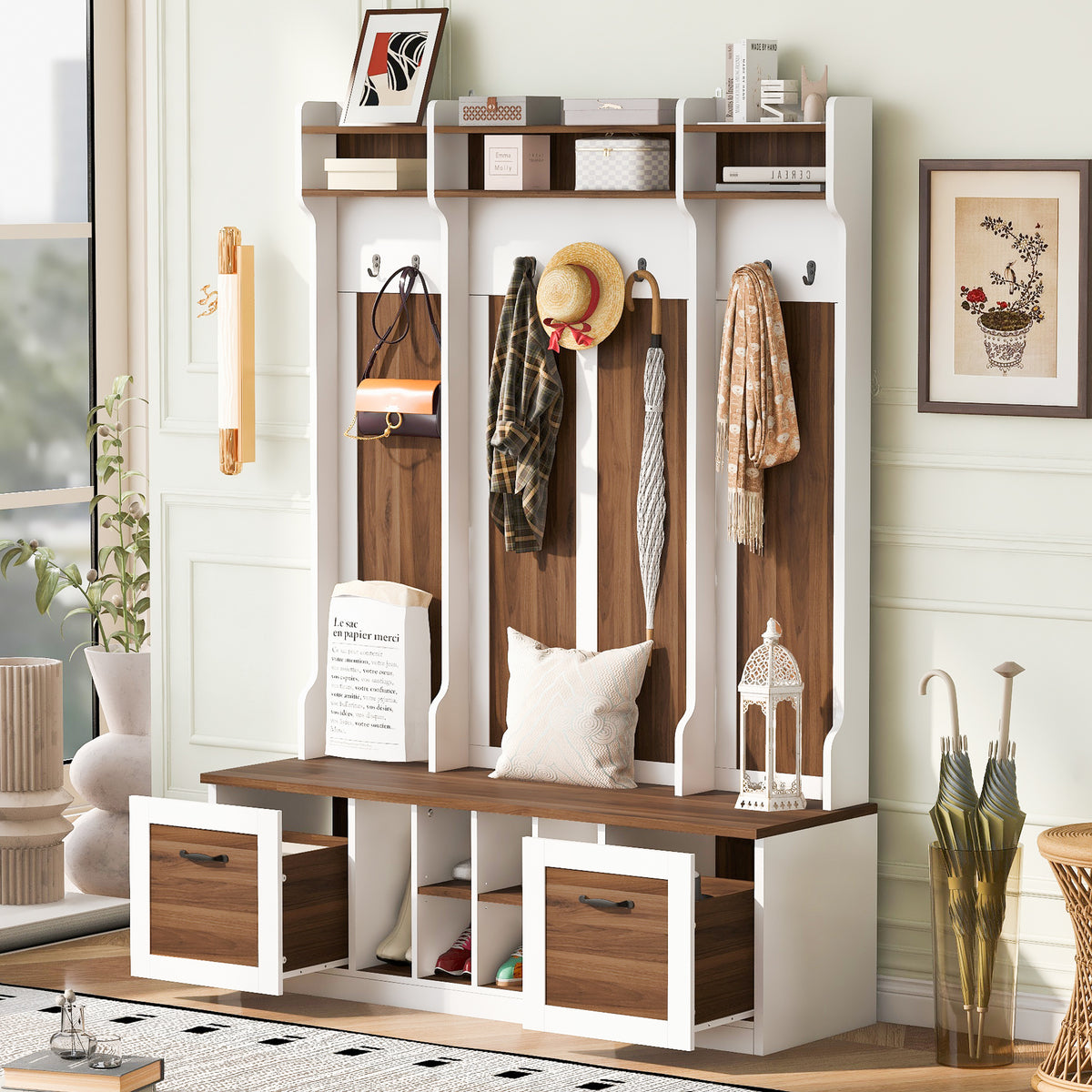 variant-group:rf-n724p235232d|Roomfitters 5-in-1 Entryway Bench with Coat Rack, Hooks, Drawers and Adjustable Shelves, Hall Tree for Hallway or Living Room, Brown+White