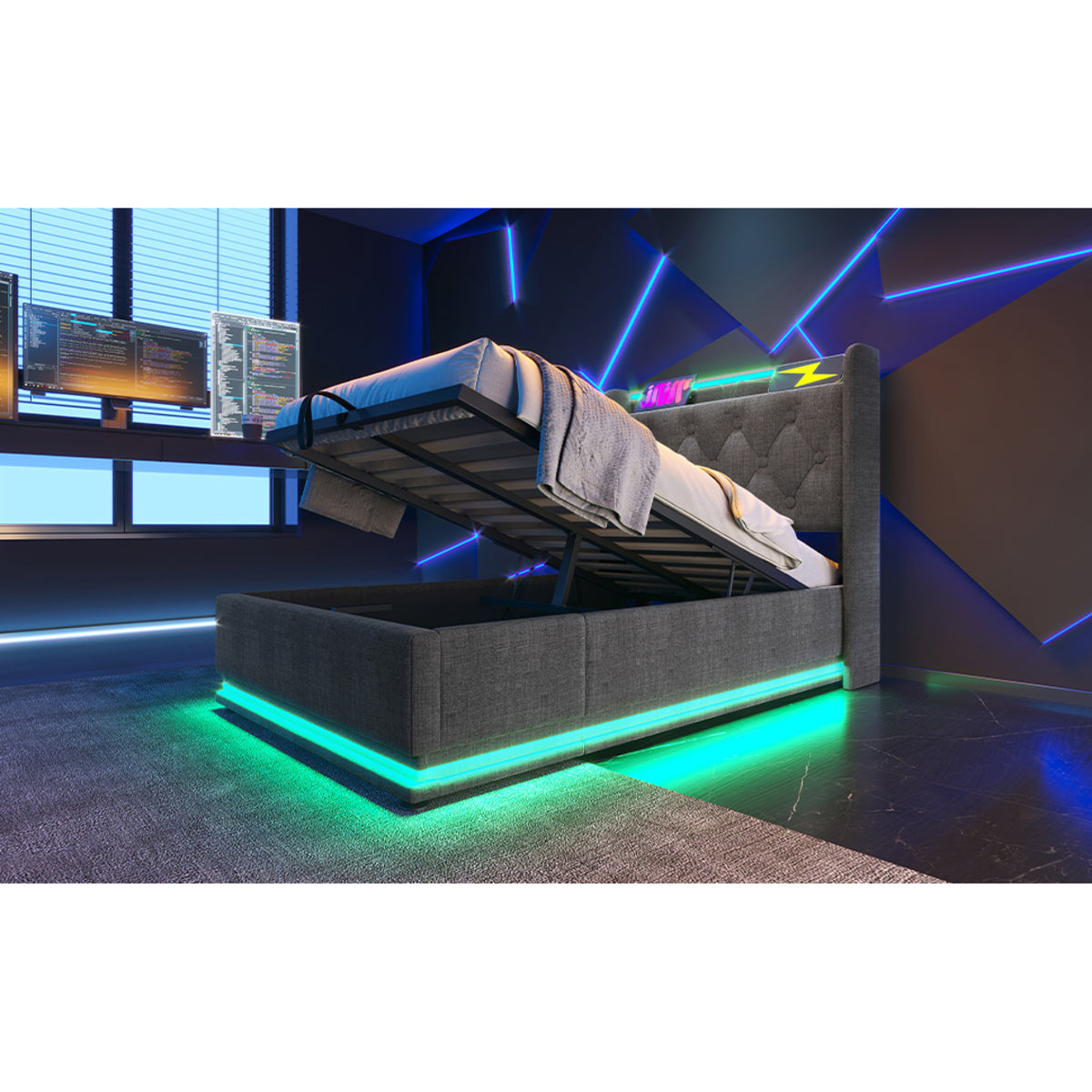 variant-group:rf-n736p188805g|Roomfitters Twin Size Upholstered Storage Bed with USB Type-C Charging and Remote Control, Linen Gray
