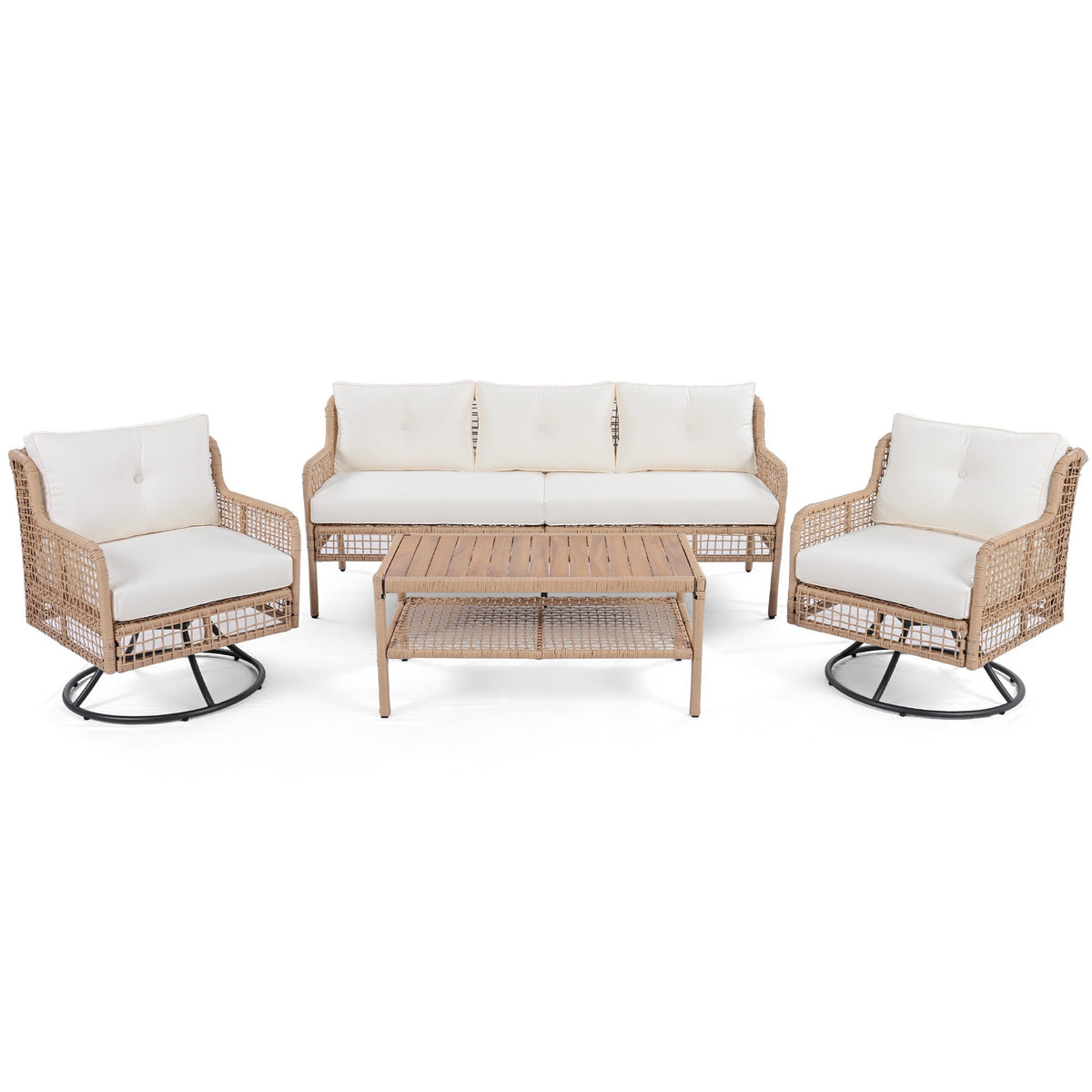 Roomfitters 4-Piece Patio Furniture Set with 360-Degree Swivel Rocking Chairs and Storage Coffee Table Beige Roomfitters
