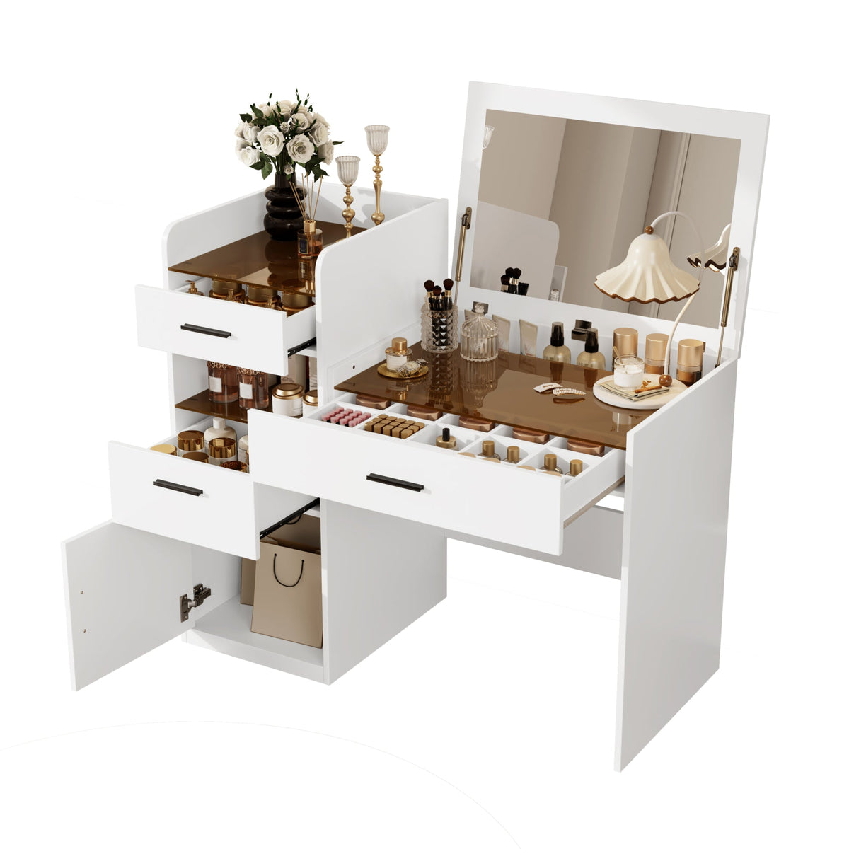 Roomfitters 3-in-1 Compact Space-Saving Vanity Desk with Flip Top Mirror and Amber Tempered Glass Top White Roomfitters