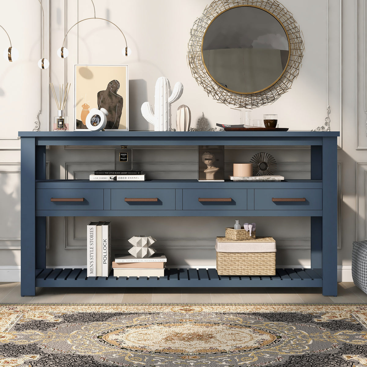 variant-group:rf-n711p410406v|Roomfitters 61.5" Entryway Table with 4 Drawers, 3-Tier Console Sofa Table with Open Shelves for Hallway, Navy Blue