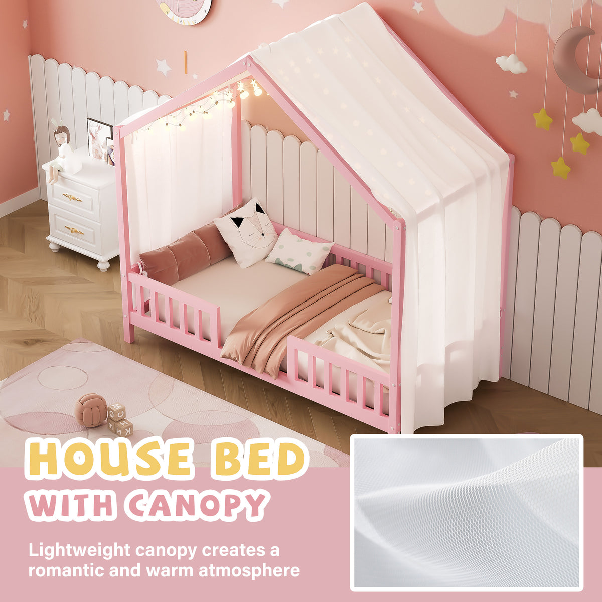 variant-group:rf-n733p356043h|Roomfitters Twin Montessori Floor Bed with Canopy, House Shape Wood Frame with Safety Rails, Youth Platform Bed, Pink