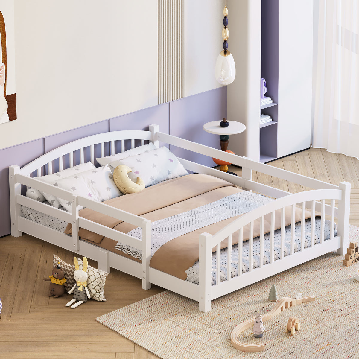variant-group:rf-n733p400299k|Roomfitters Full Montessori Floor Bed with Guardrails, Solid Wood Low Platform Bed with Slats, Easy Assembly, White