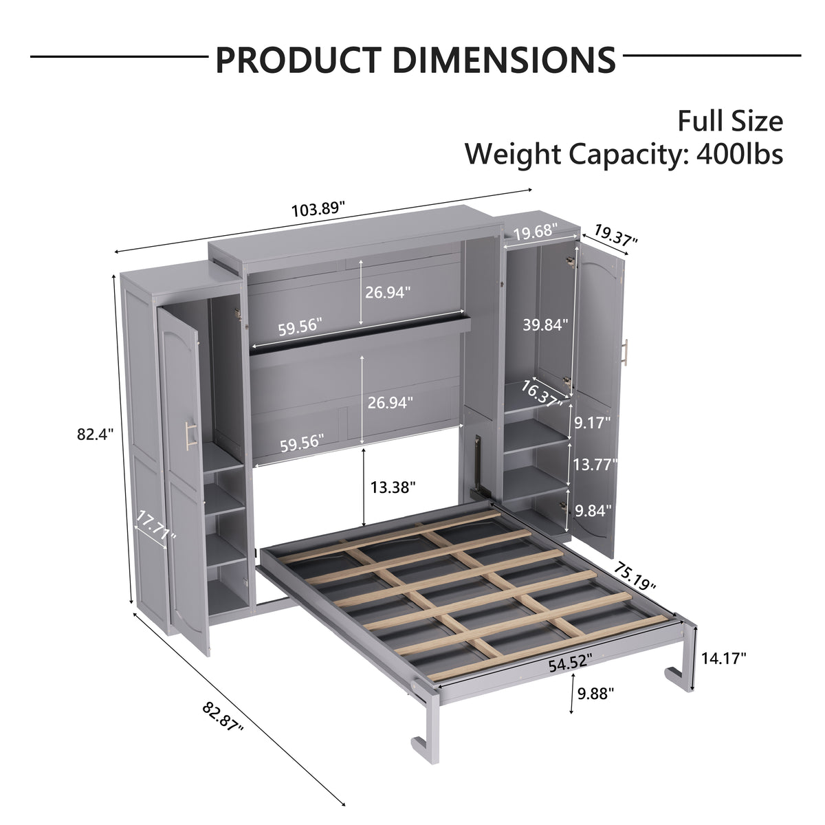 variant-group:rf-n733s235596e|Roomfitters Full Murphy Wall Bed with Two Wardrobes and Storage Shelf, Foldable Platform Bed Frame for Guest Room, Gray