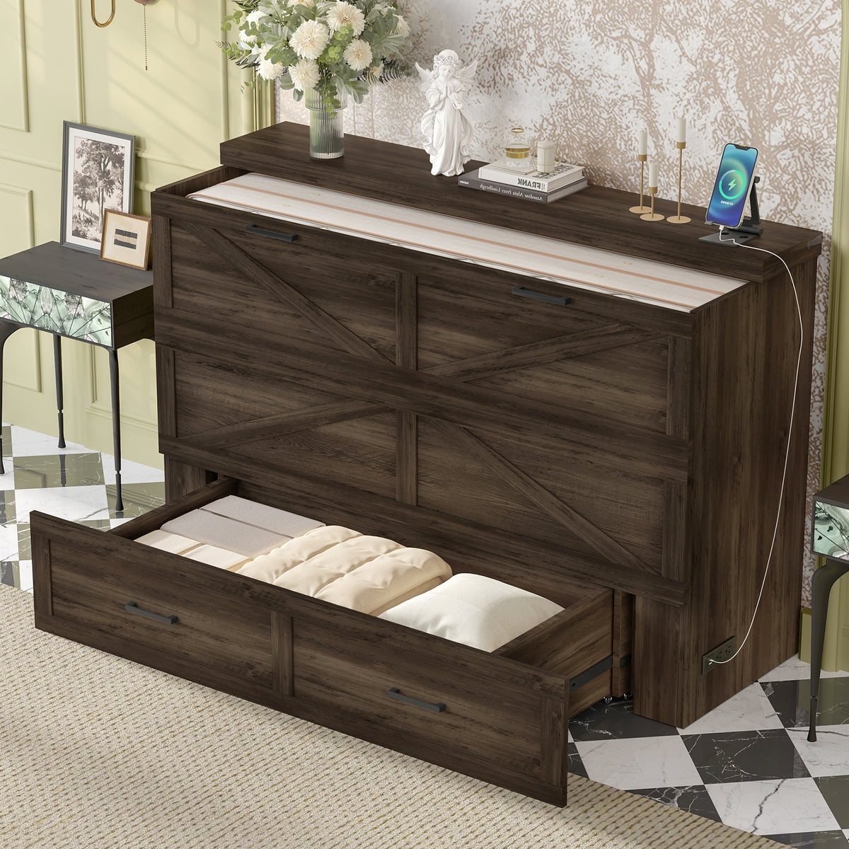 variant-group:rf-n733s361778g|Roomfitters Queen Farmhouse Murphy Cabinet Bed with Charging Station, Foldable Platform Bed with Storage Drawer, Rustic Gray