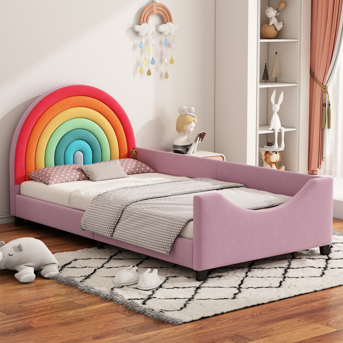 Roomfitters Twin Size Rainbow Upholstered Daybed Frame, Low to Ground Cute Princess Bed, Enclosed Fence, Colorful & Pink Roomfitters