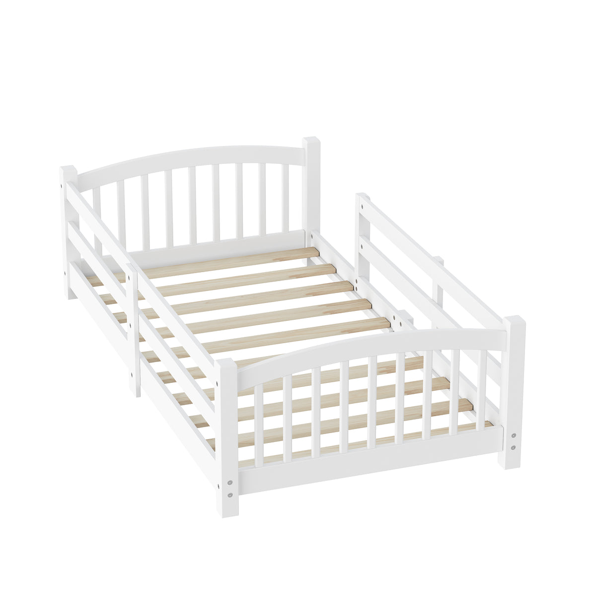 variant-group:rf-n733p400298k|Roomfitters Twin Montessori Floor Bed with Guardrails, Solid Wood Low Platform Bed with Slats, Easy Assembly, White
