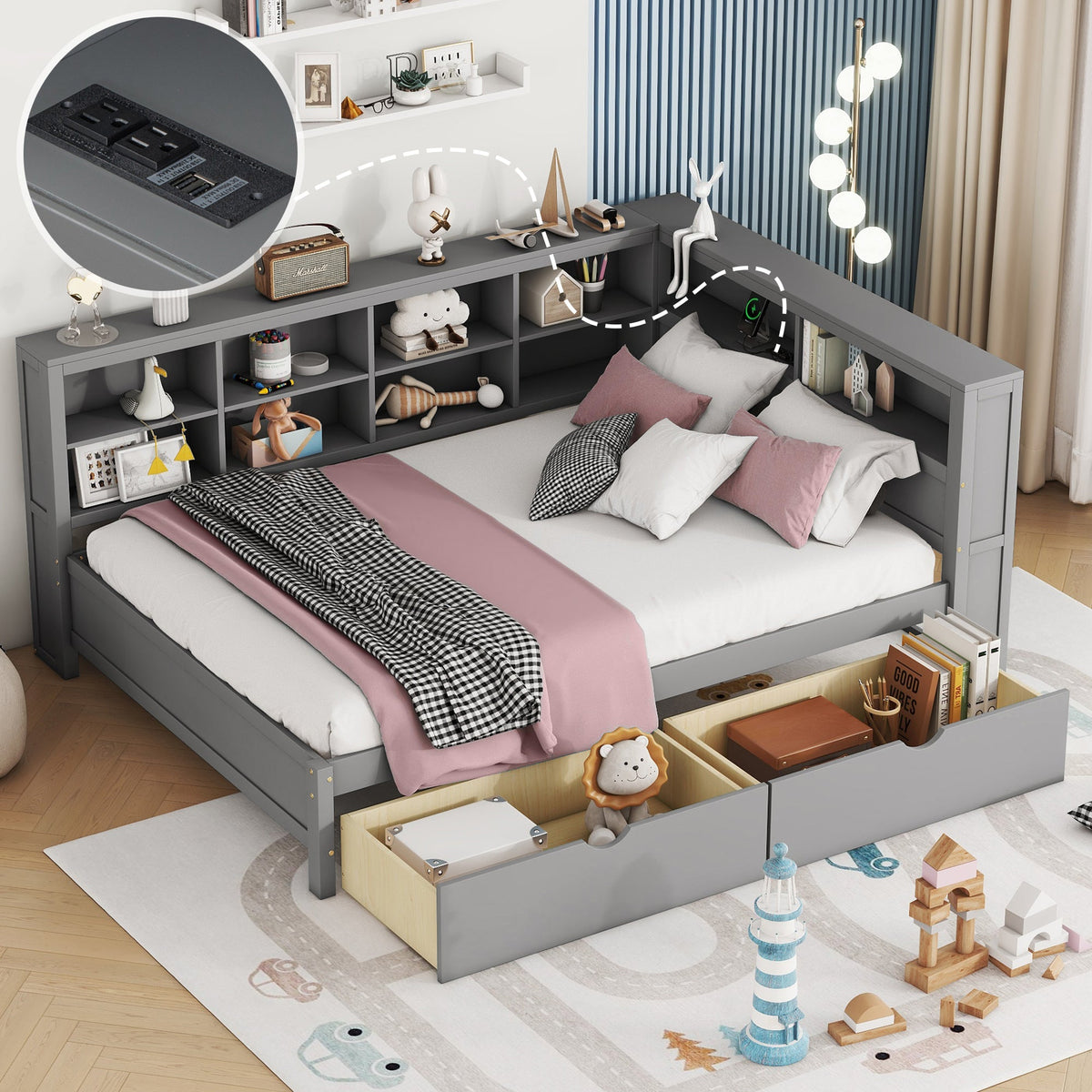 Roomfitters Wooden Full Size Daybed with Versatile Storage Shelf and USB Charging Ports, Functional Design for Modern Living, Grey