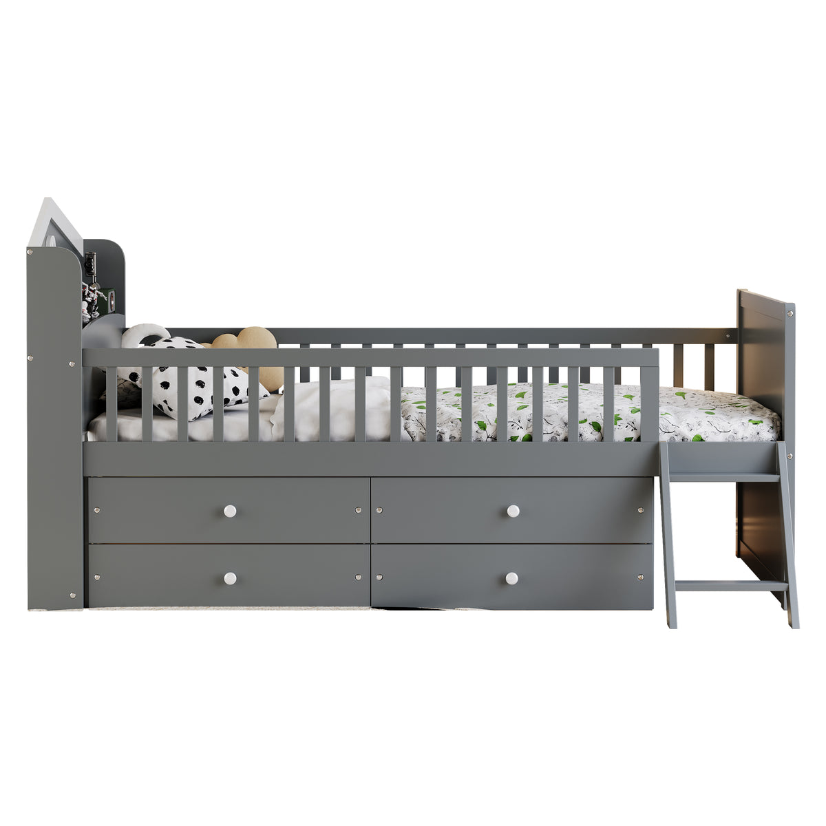 variant-group:rf-n733s278032e|Roomfitters Twin Platform Bed Frame with Four Drawers, Wooden Kids Bed with Guardrail Headboard and Ladder, Gray