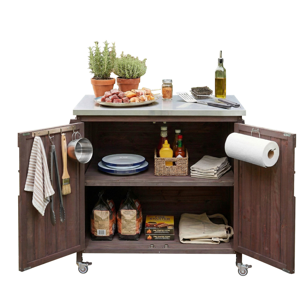 variant-group:rf-n707p370287z|Roomfitters 42.1" Grill Cart, Outdoor Kitchen Island with Stainless Steel Top, BBQ Prep Station with Spice Rack, Dark Brown