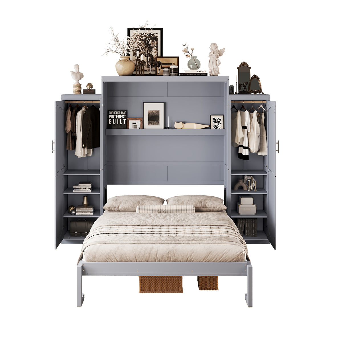 variant-group:rf-n733s235627e|Roomfitters Queen Murphy Wall Bed with Two Wardrobes and Storage Shelf, Foldable Platform Bed Frame for Guest Room, Gray