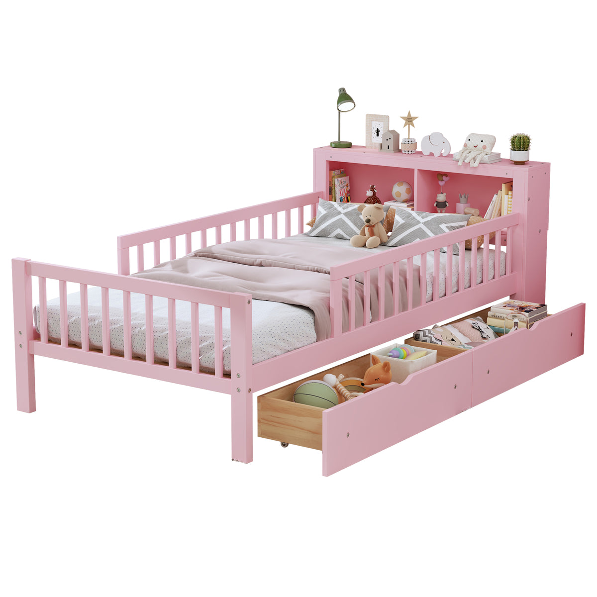 variant-group:rf-n733p272374h|Roomfitters Twin Bed with Headboard Storage Rack, Under-Bed Storage and Three-Side Guardrails, Pink