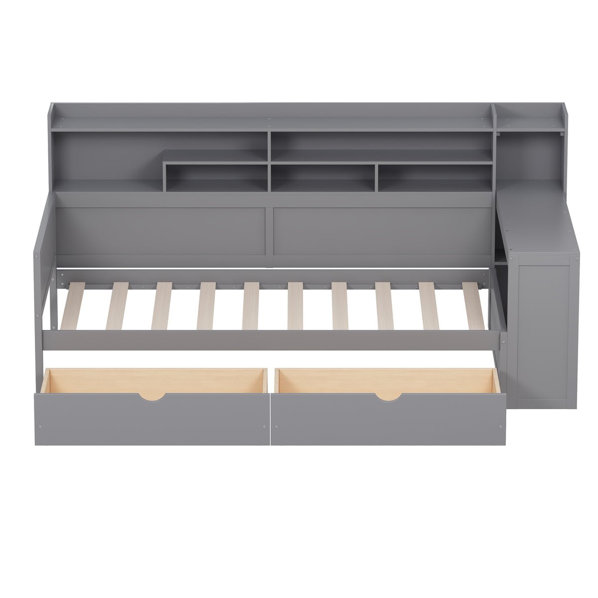 variant-group:rf-n733s241484e|Roomfitters Wooden Twin Size Daybed with Storage Shelves, Multi-functional Bed with Two Storage Compartments and Study Desk, Gray