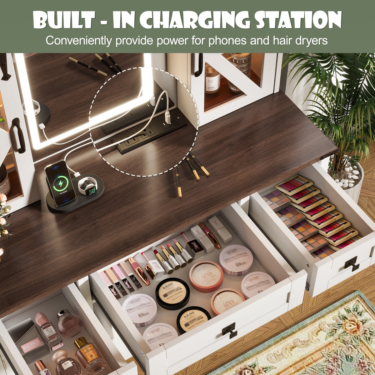Roomfitters Farmhouse Makeup Vanity Desk with Lighted Mirror, Vanity Table Set with Storage Stool, Charging Station, Beige Roomfitters